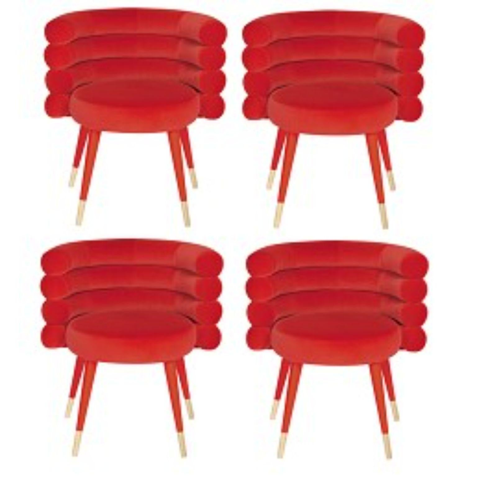 Set of 4 red marshmallow dining chairs by Royal Stranger.
Dimensions: 71 x 61 x H74 cm. Seat height: 52 cm, seat depth: 48 cm.
Materials: velvet upholstery and brass.
Available in: mint green, light pink, royal green, and royal red.

Royal