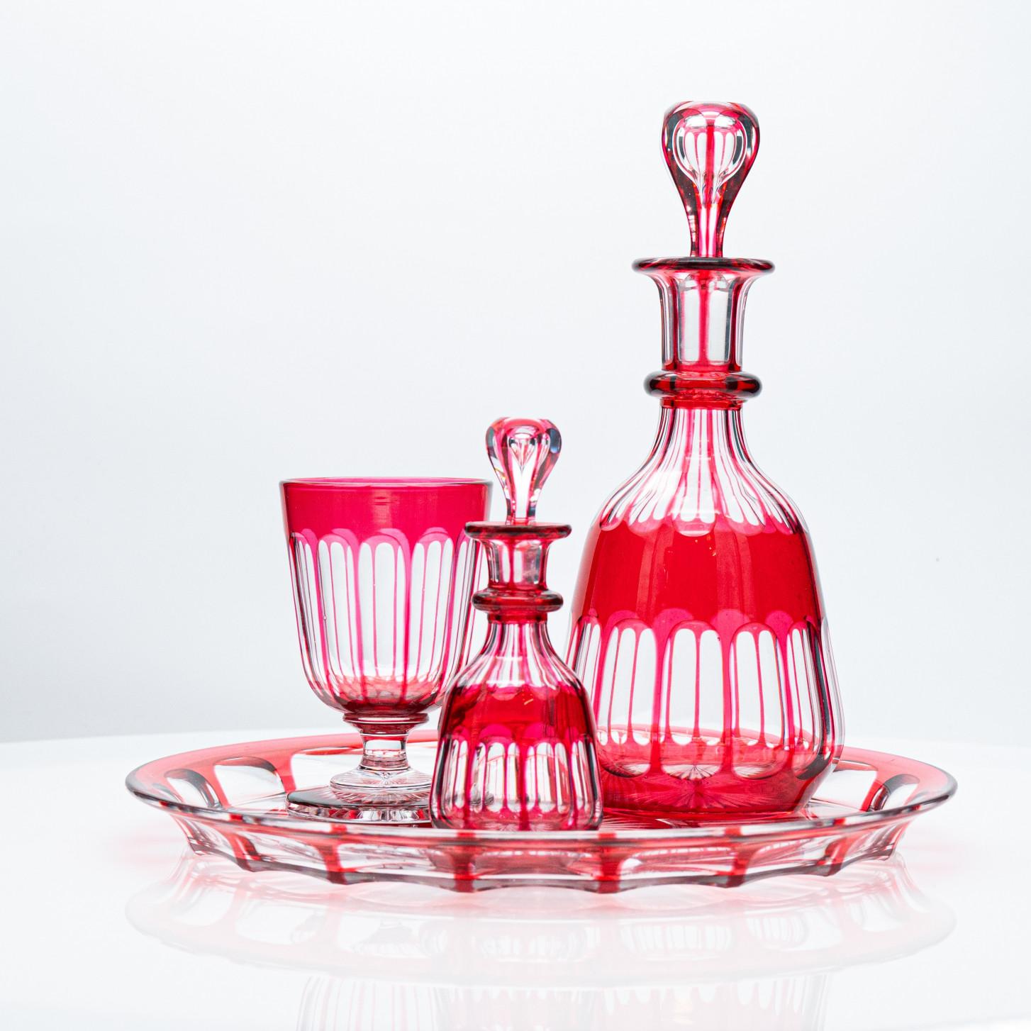 Mid-20th Century Set of 4 Red Overlay Crystal items, Czech Republic, 1930 For Sale