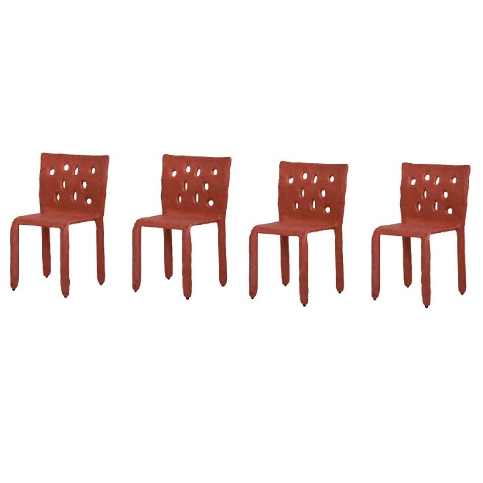 Set of 4 red sculpted Contemporary chairs by Faina
Design: Victoriya Yakusha
Material: steel, flax rubber, biopolymer, cellulose
Dimensions: height 82 x width 54 x legs depth 45 cm
 Weight: 15 kilos.

Made in the style of ethnic minimalism,