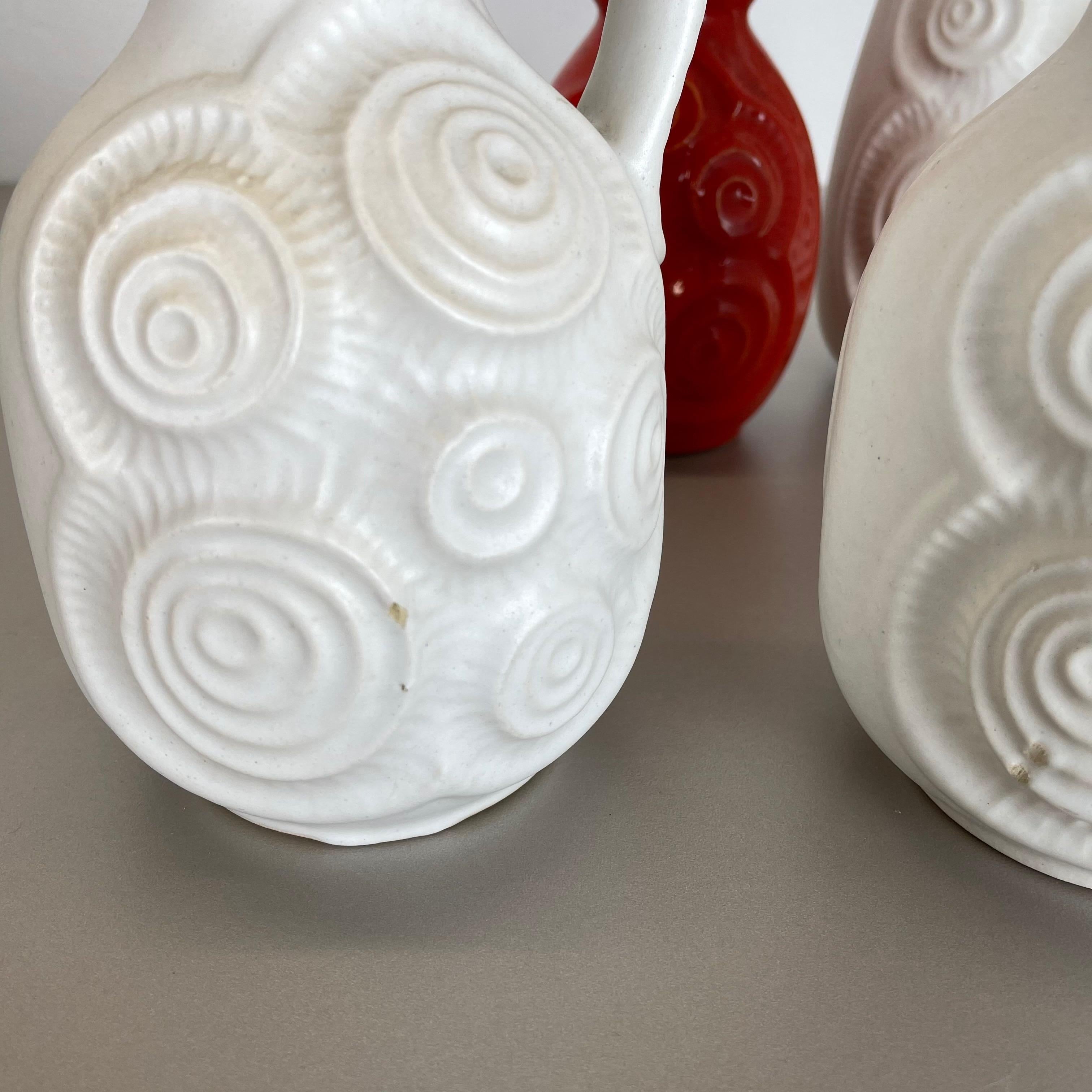 Set of 4 Red-White Fat Lava Op Art Pottery Vases by Bay Ceramics, Germany For Sale 9