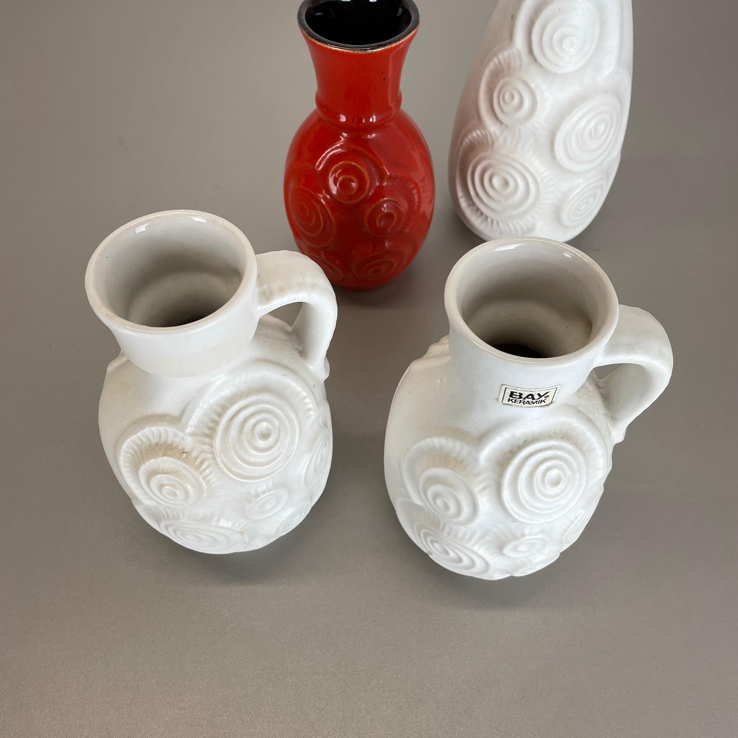 Set of 4 Red-White Fat Lava Op Art Pottery Vases by Bay Ceramics, Germany For Sale 11