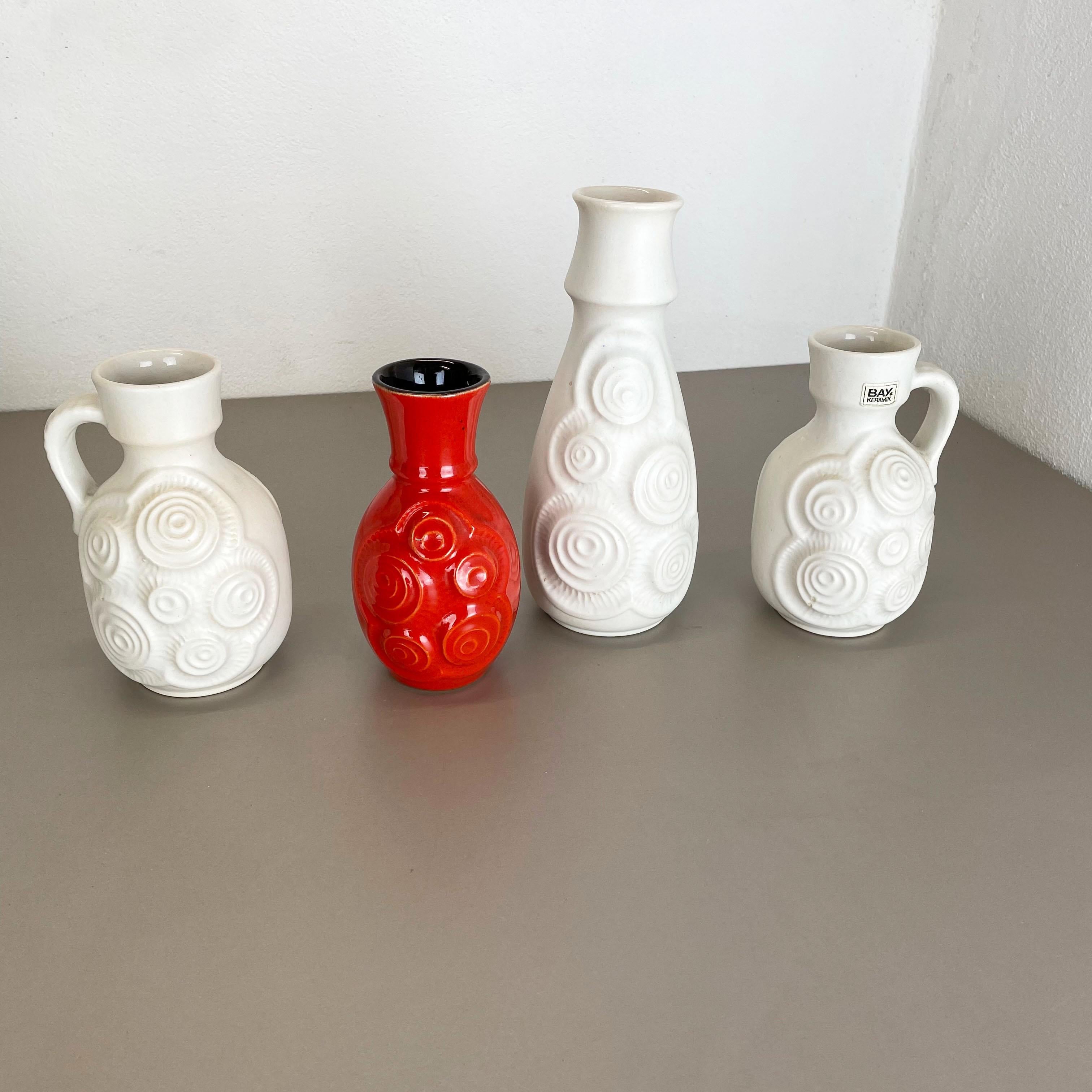 Mid-Century Modern Set of 4 Red-White Fat Lava Op Art Pottery Vases by Bay Ceramics, Germany For Sale
