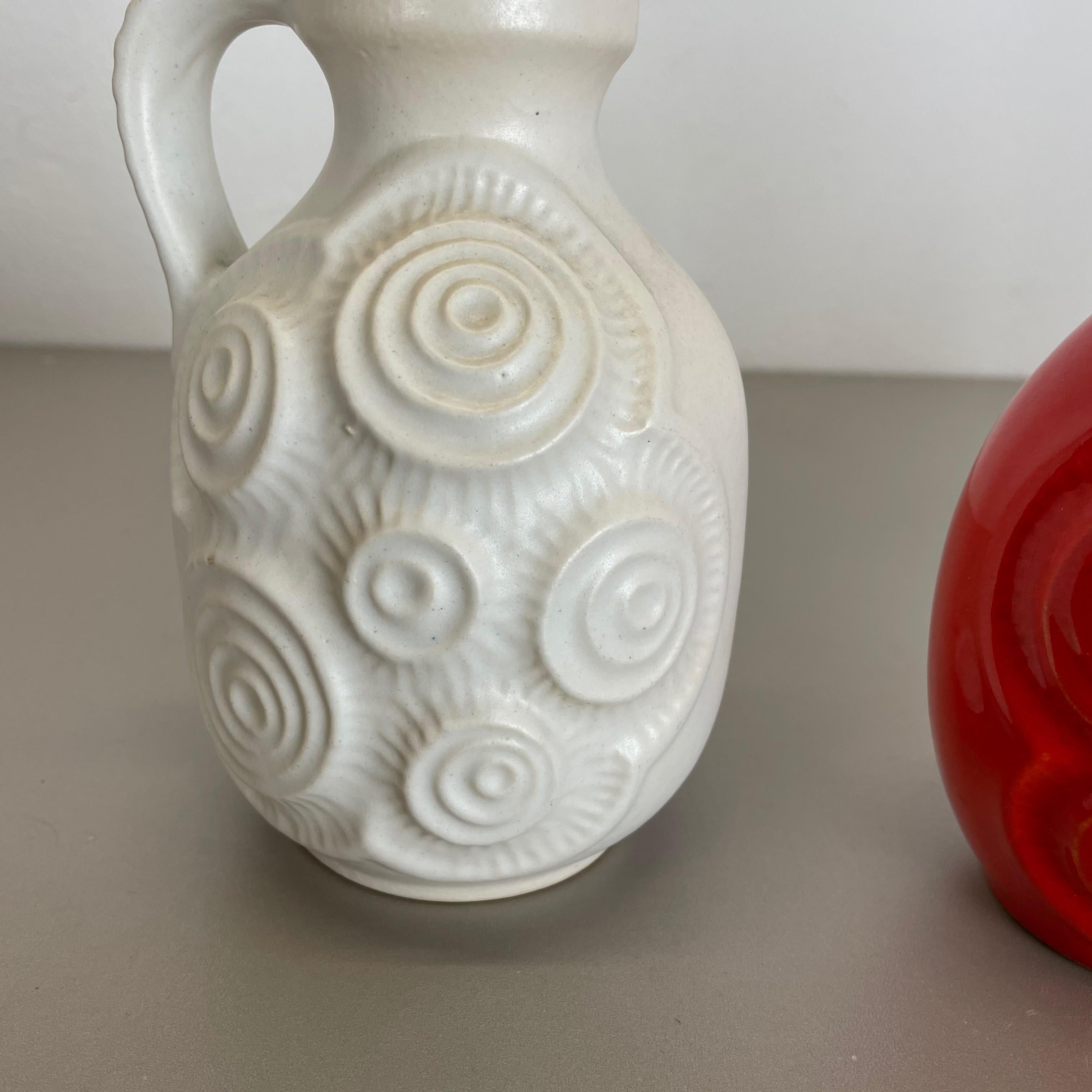 20th Century Set of 4 Red-White Fat Lava Op Art Pottery Vases by Bay Ceramics, Germany For Sale