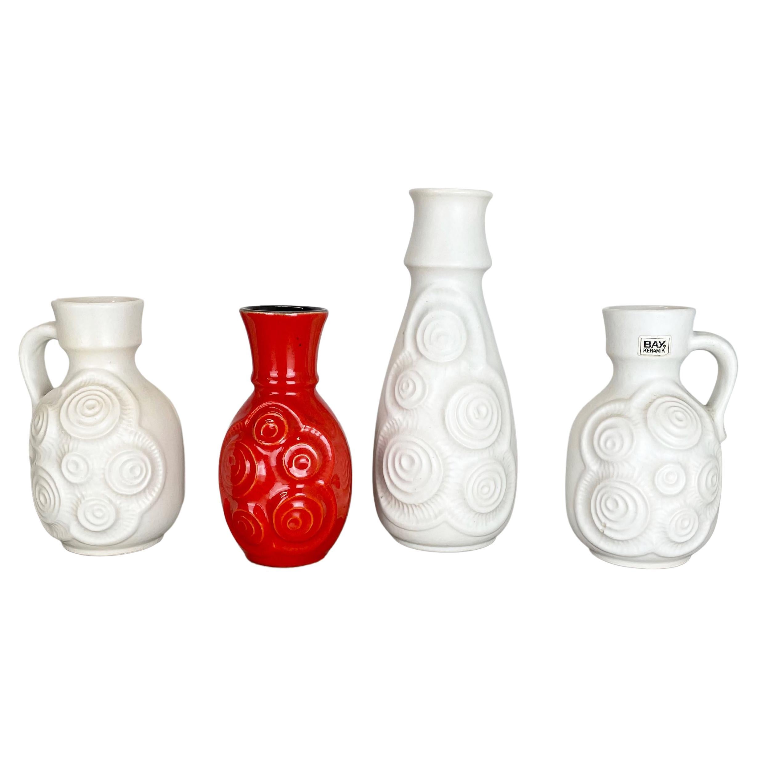 Set of 4 Red-White Fat Lava Op Art Pottery Vases by Bay Ceramics, Germany For Sale