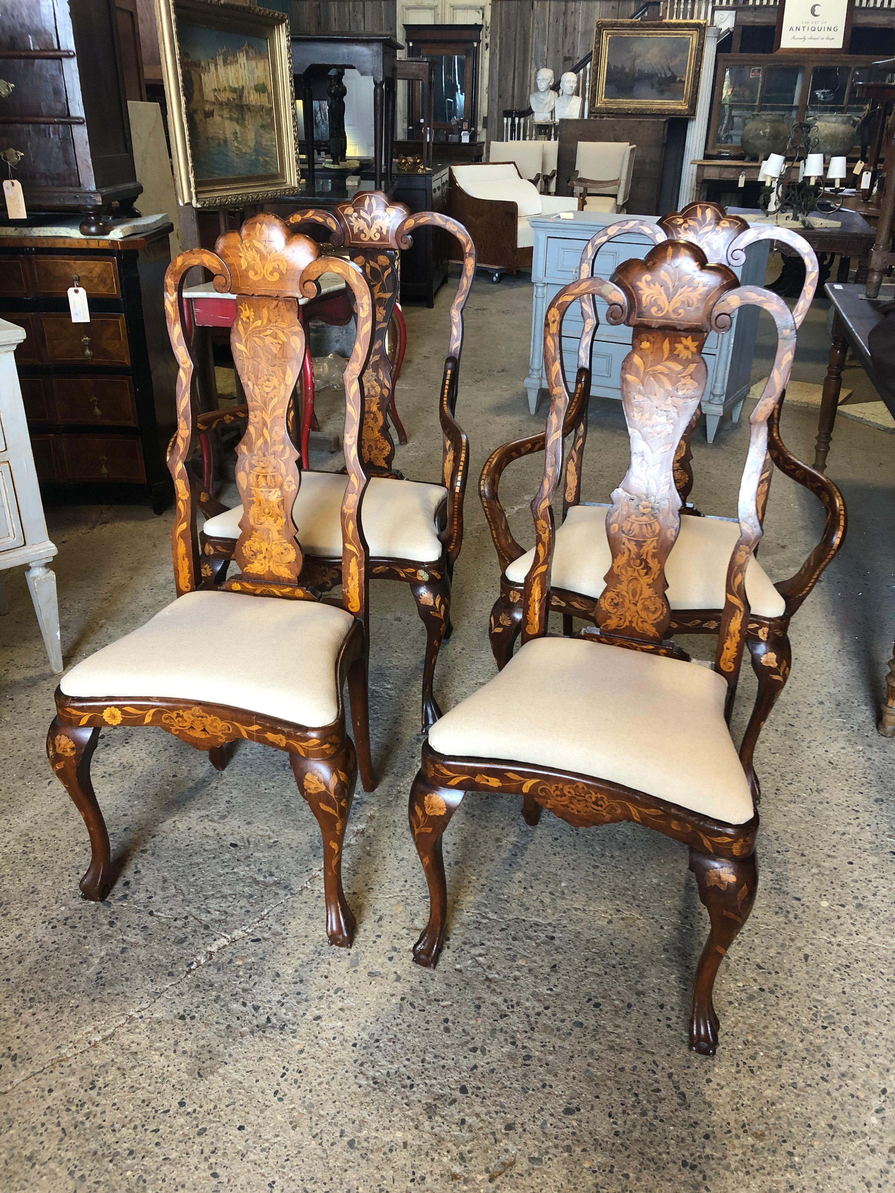 Set of 4 Remarkable Dutch Marquetry Dining Chairs 12