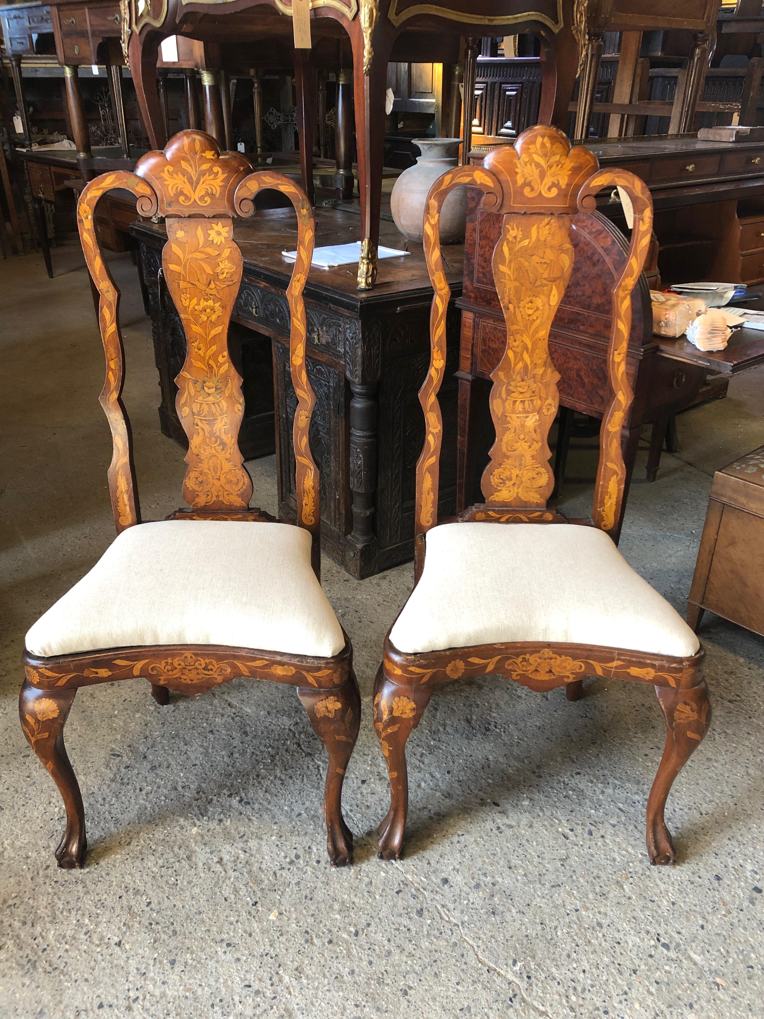 Set of 4 Remarkable Dutch Marquetry Dining Chairs 1