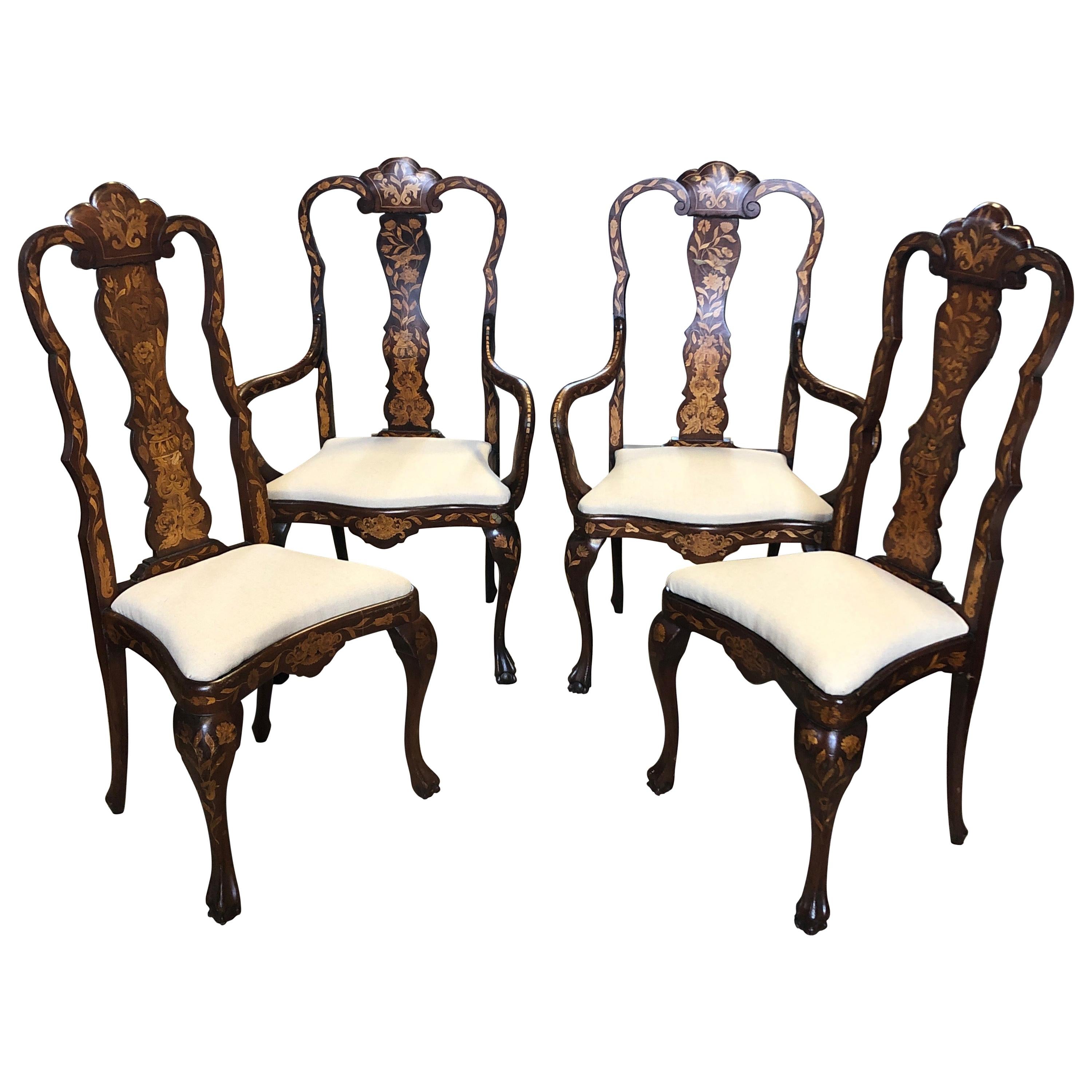 Set of 4 Remarkable Dutch Marquetry Dining Chairs
