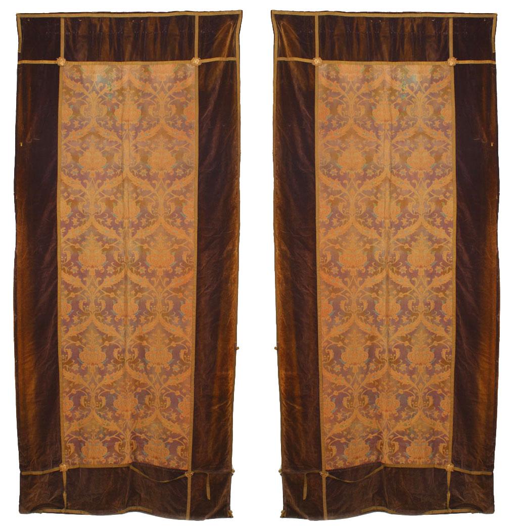 Set of 4 gold & brown brocade drapes with wide brown velvet borders & applied gold decoration, as is ( (1 panel: 84