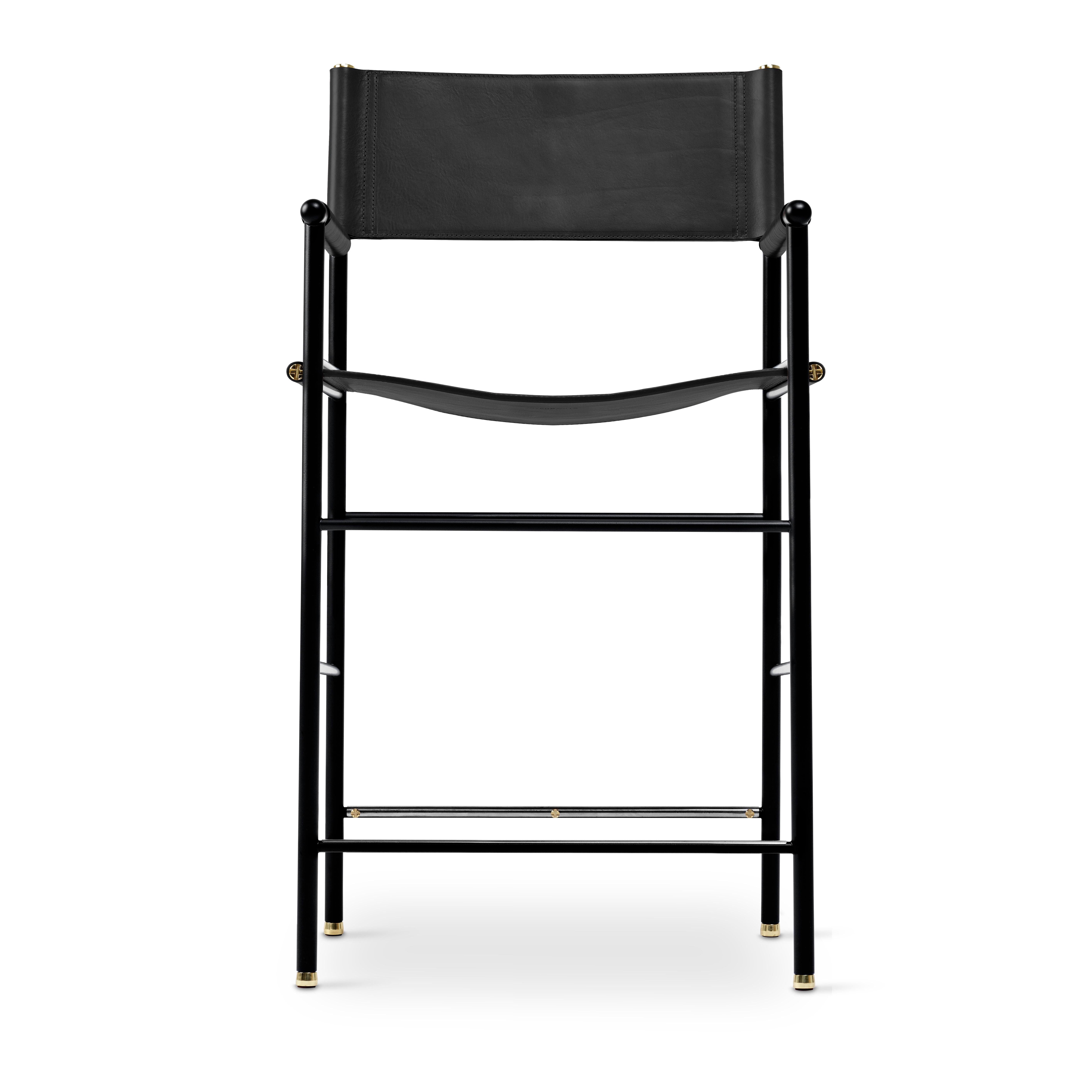 Spanish Set of 4 Contemporary Bar Stool w. Backrest Black Leather & Black Rubber Metal For Sale