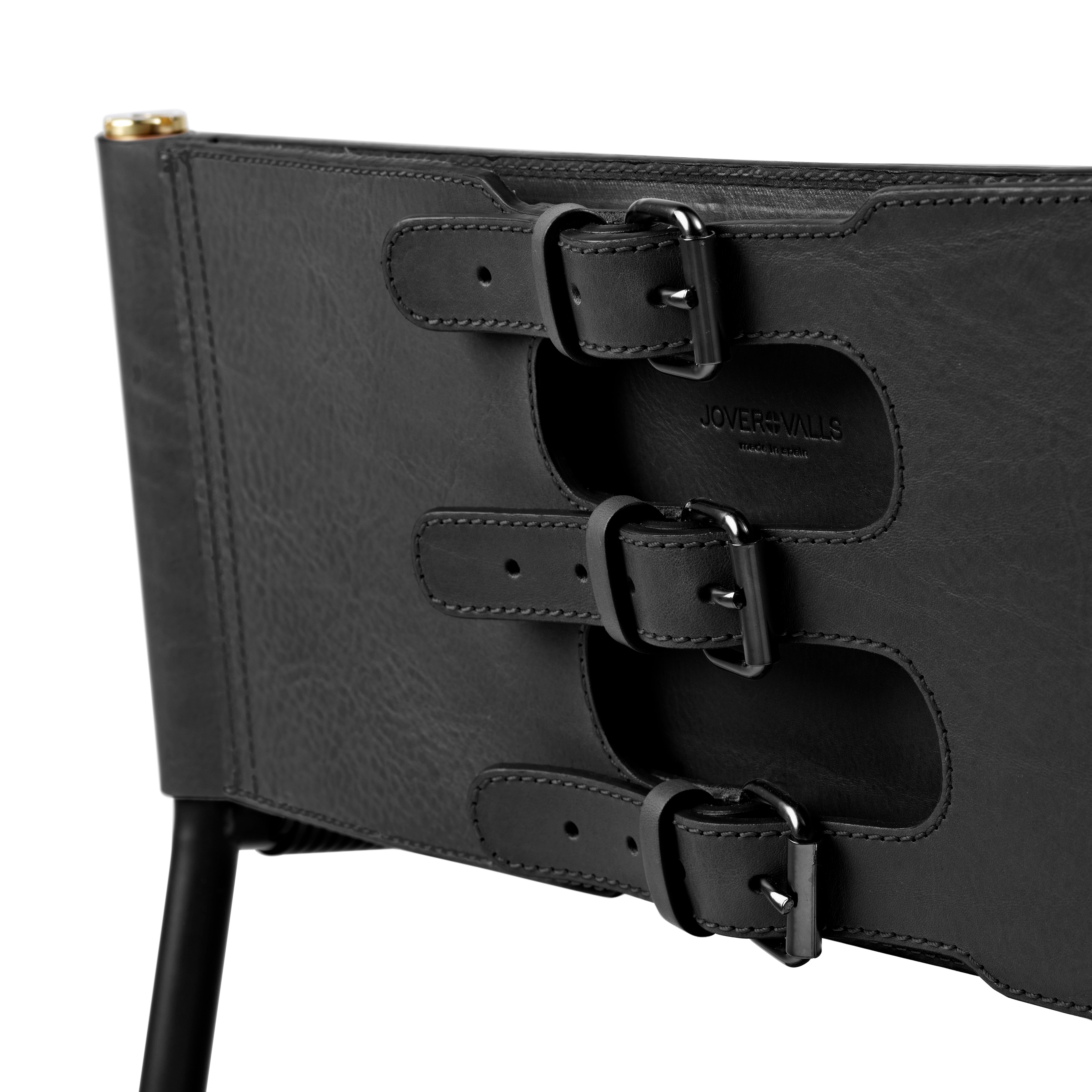 Steel Set of 4 Contemporary Bar Stool w. Backrest Black Leather & Black Rubber Metal For Sale