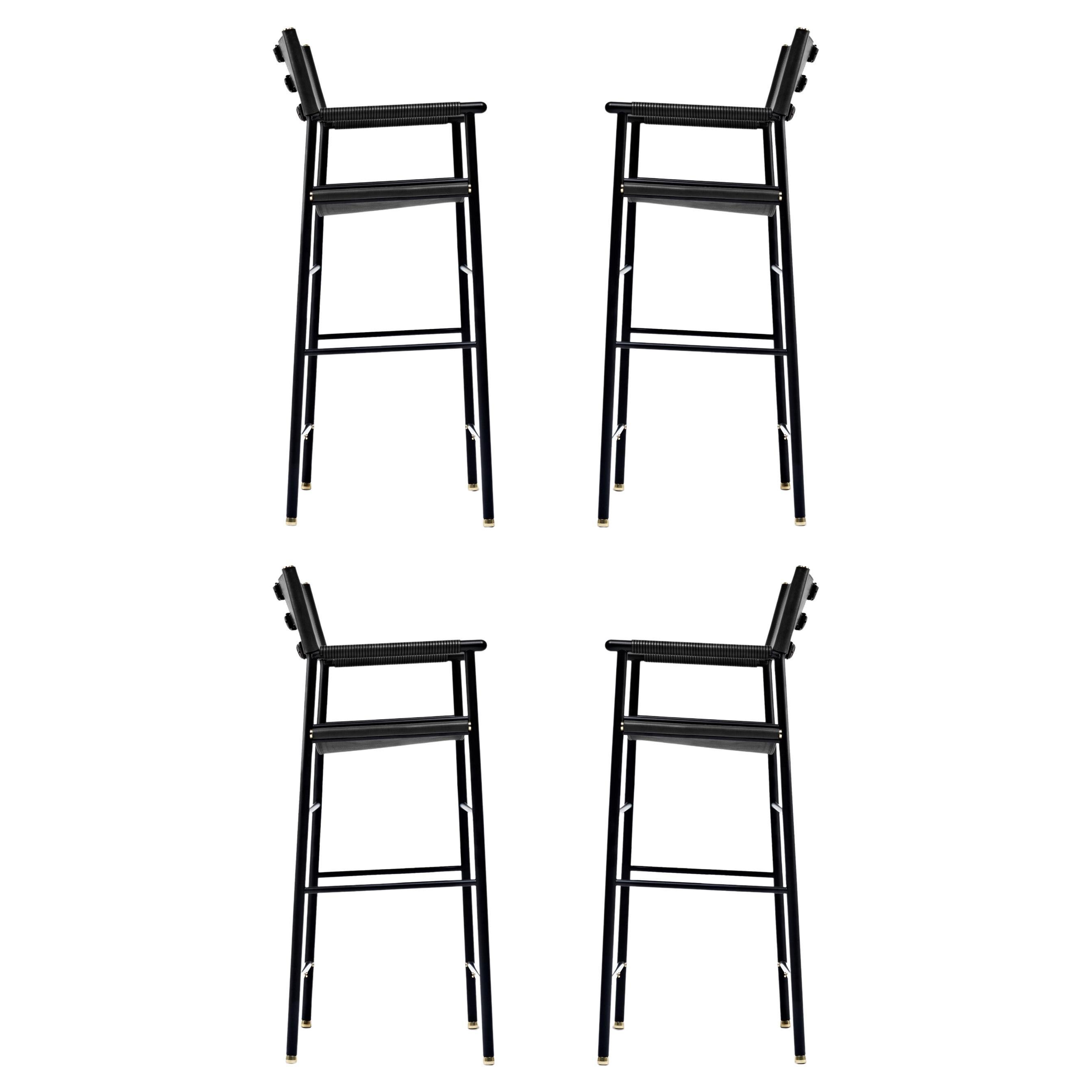 Set of 4 Contemporary Bar Stool w. Backrest Black Leather & Black Rubber Metal For Sale