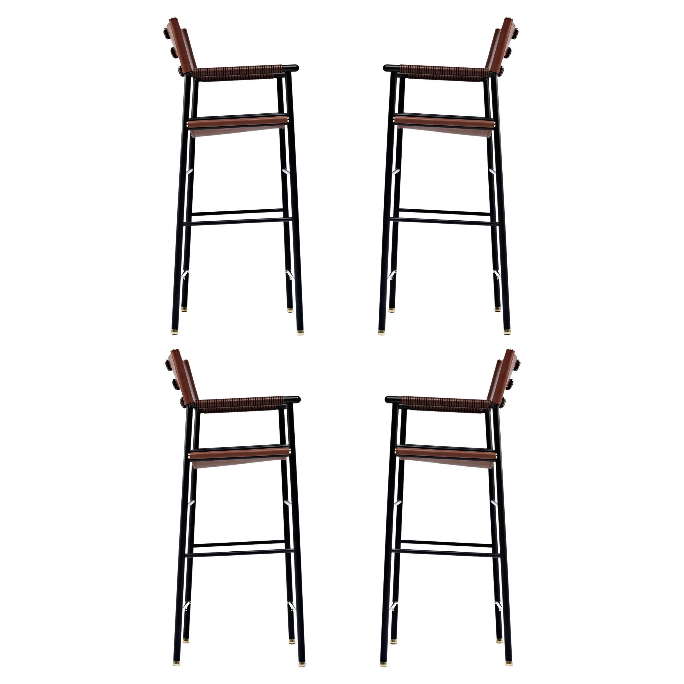 Set of 4 Contemporary Bar Stool w Backrest Dark Brown Leather Black Rubber Metal For Sale