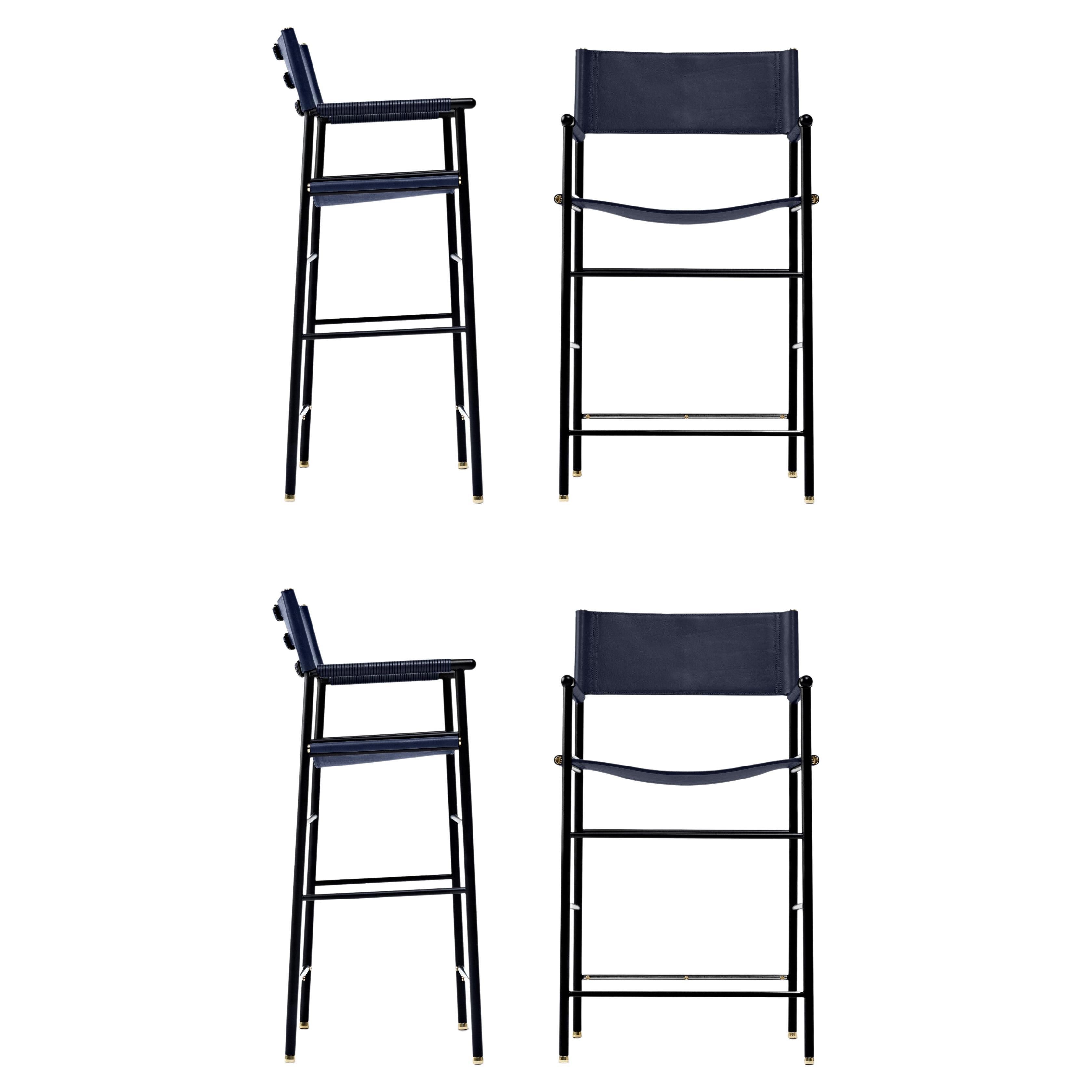 Set of 4 Classic Bar Stool w. Backrest Navy Blue Leather & Black Rubber Metal