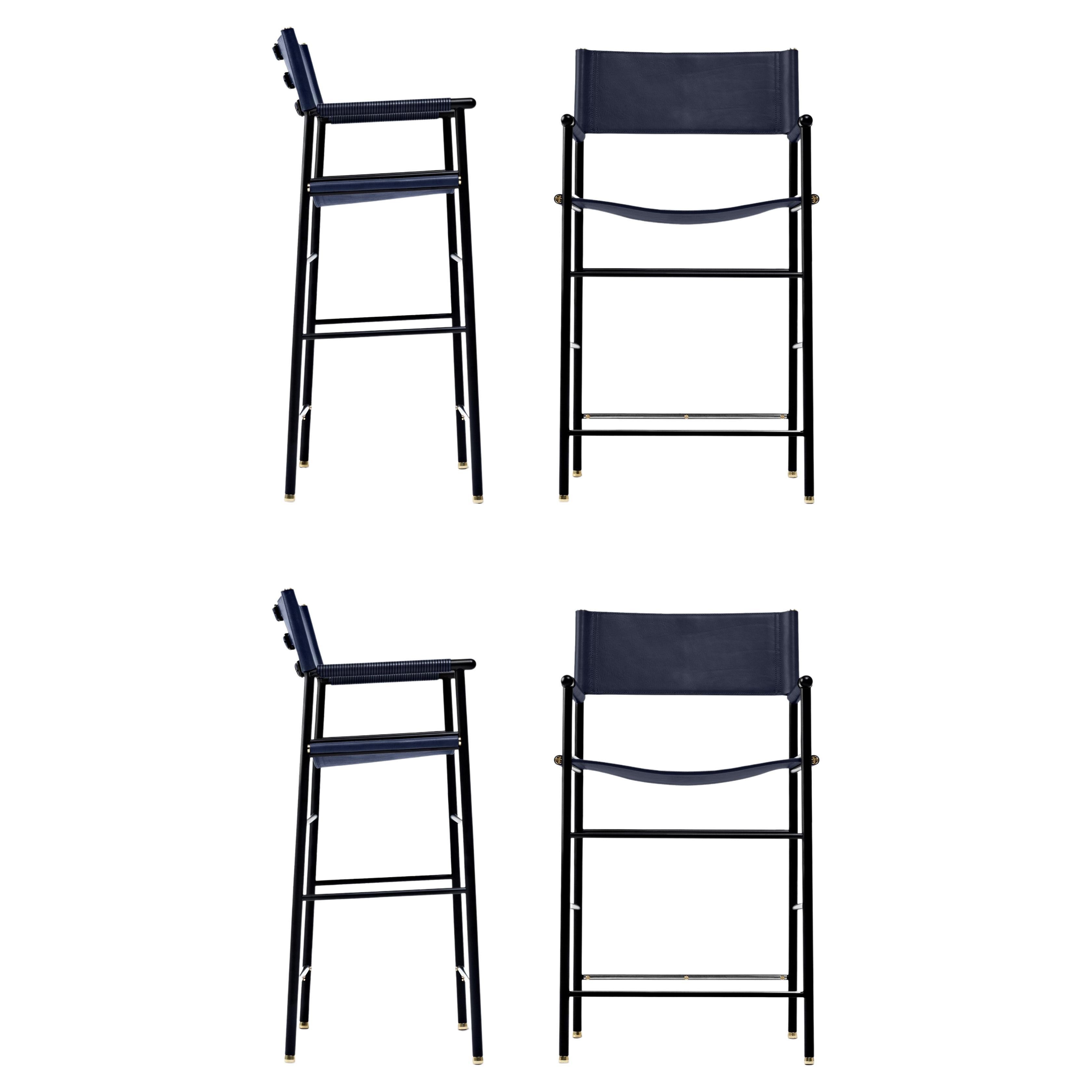 Set of 4 Classic Bar Stool w. Backrest Navy Blue Leather & Black Rubber Metal 