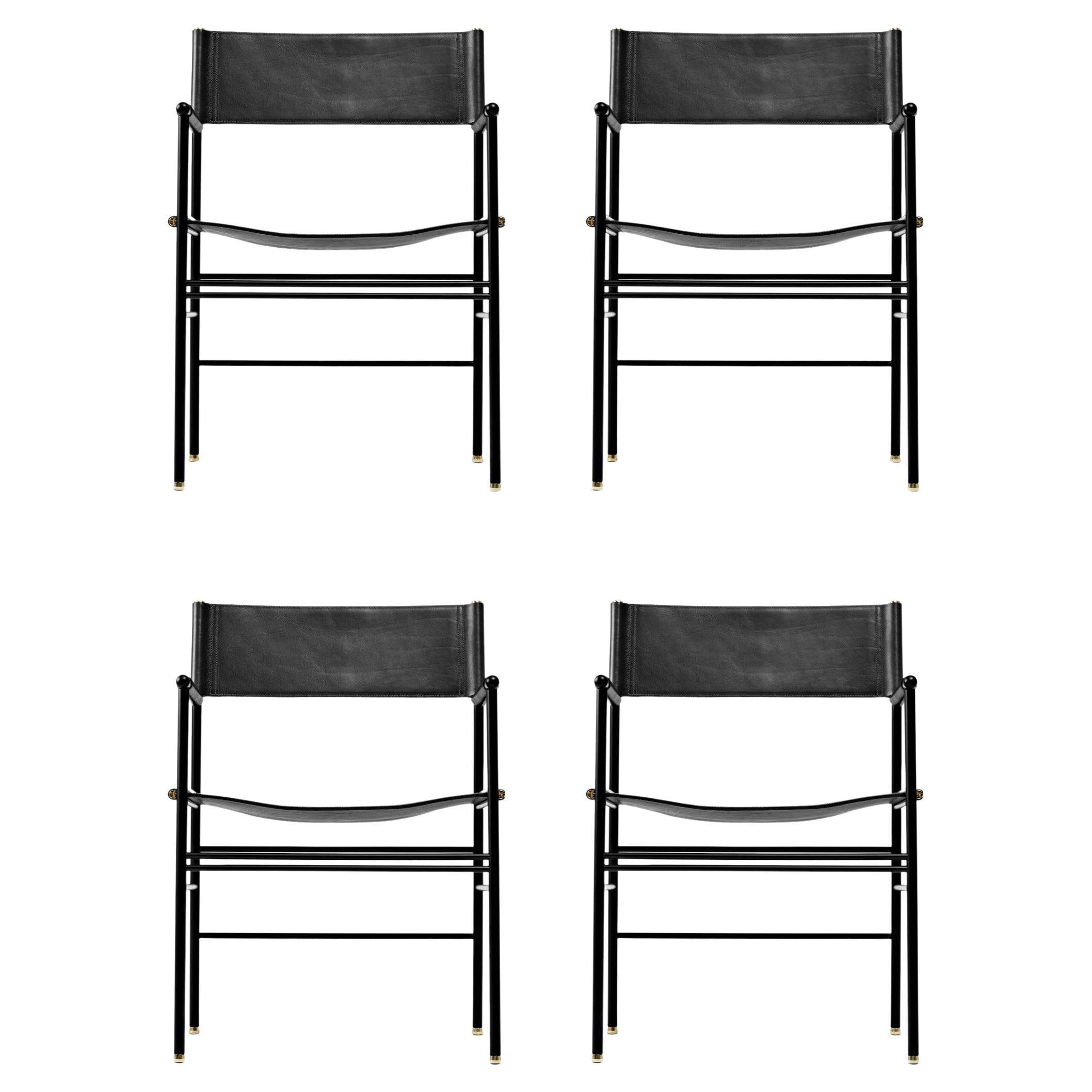 Satz von 4 handgefertigten zeitgenössischen Sesseln aus schwarzem Leder und schwarzem Gummimetall im Angebot