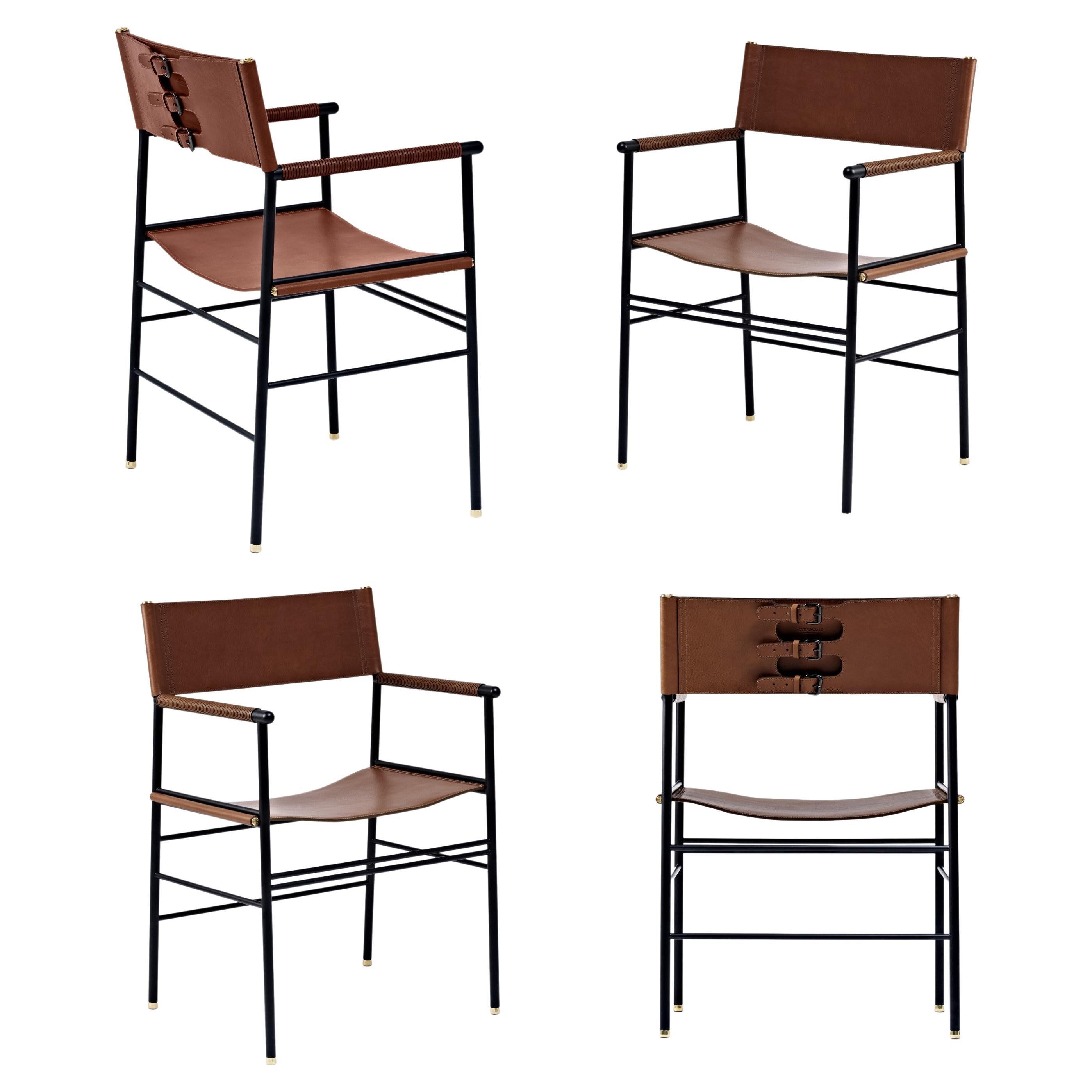 Ensemble de 4 fauteuils artisanaux contemporains en cuir marron foncé et métal en caoutchouc noir