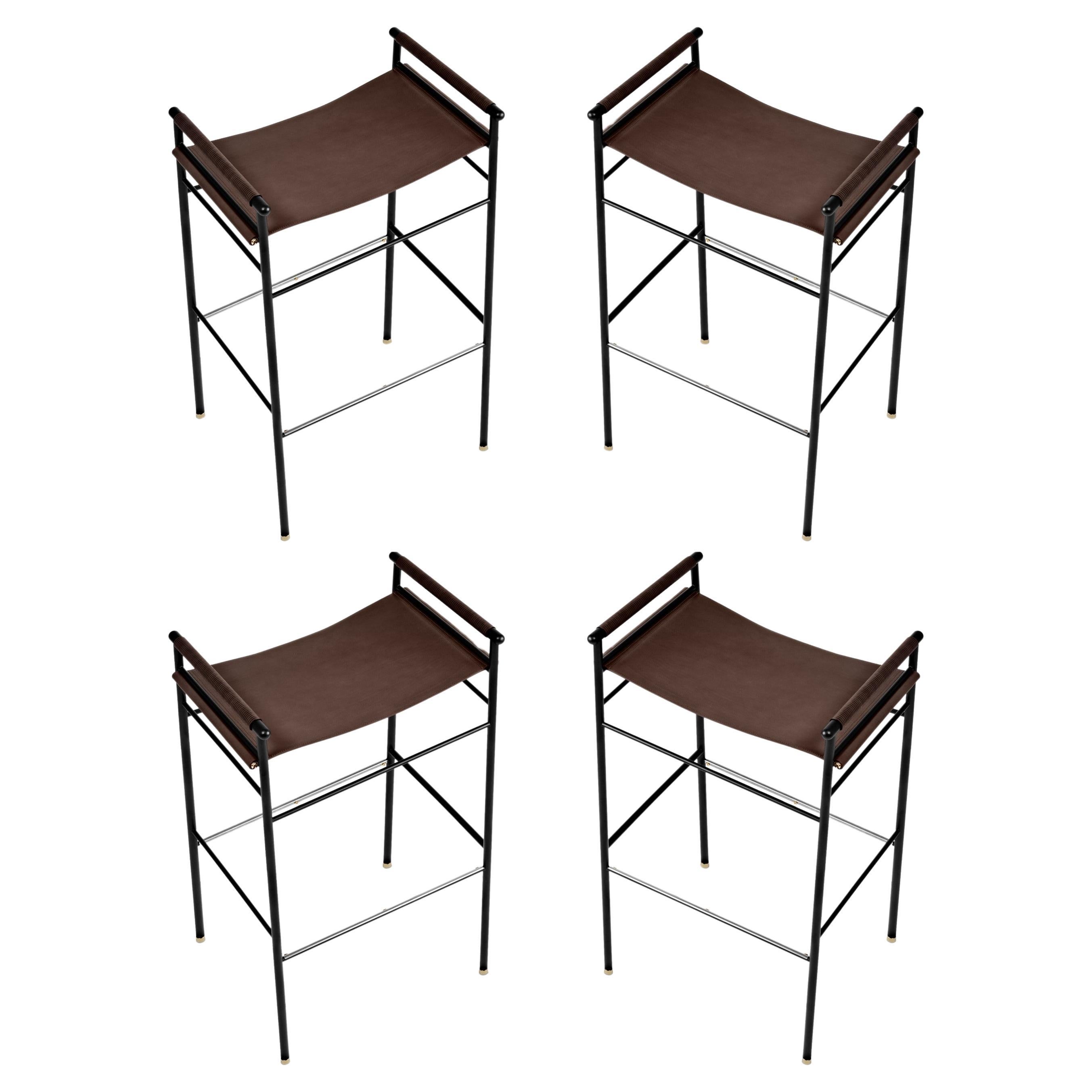 Set of 4 Artisan Contemporary Bar Stool Dark Brown Leather Black & Rubber Metal For Sale