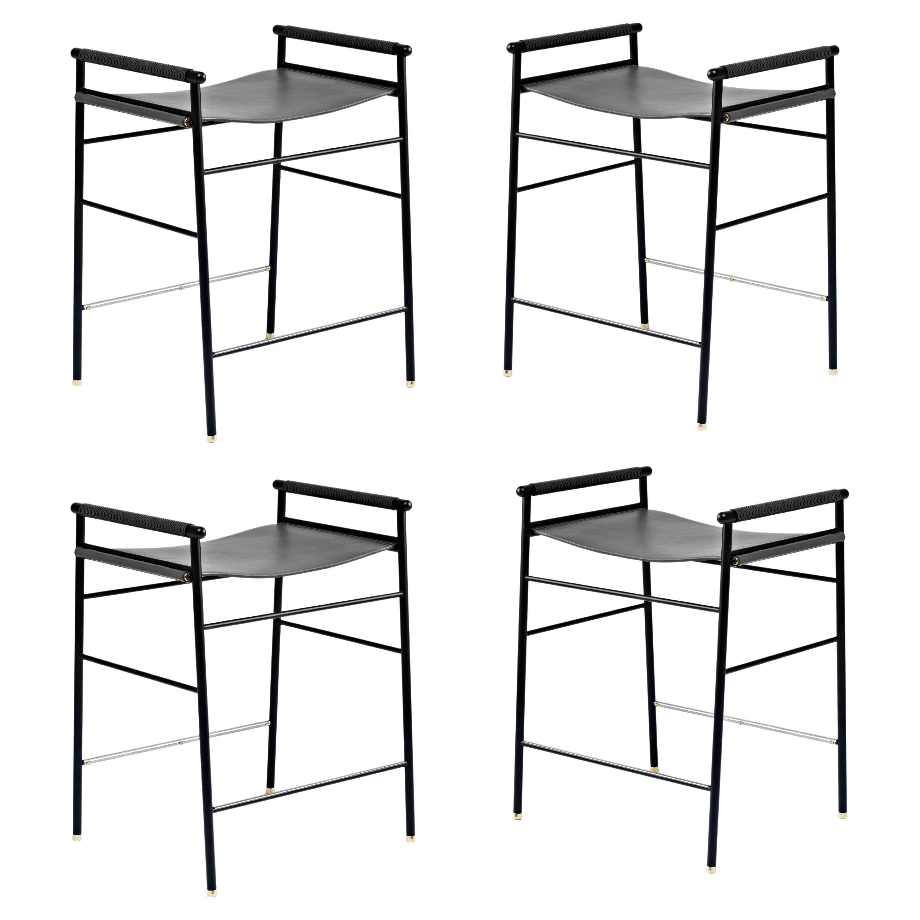 Set of 4 "Repose" Contemporary Counter Stool Black Saddle Black Rubbered Frame For Sale
