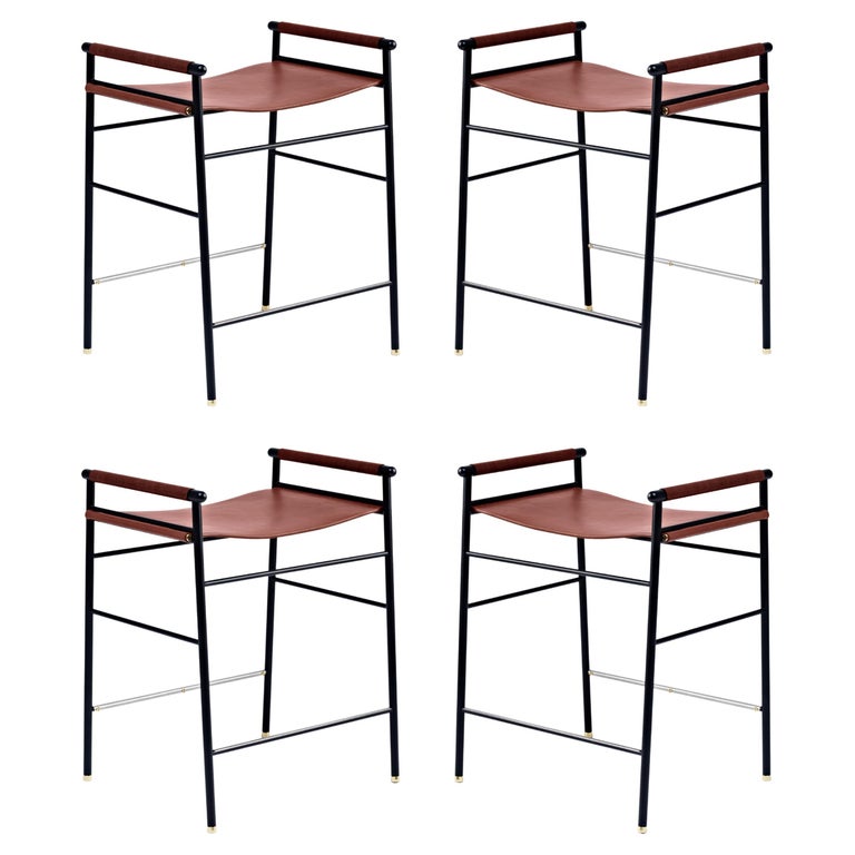 Set 4 Artisan Contemporary Counter Bar Stool Cognac Leather Black