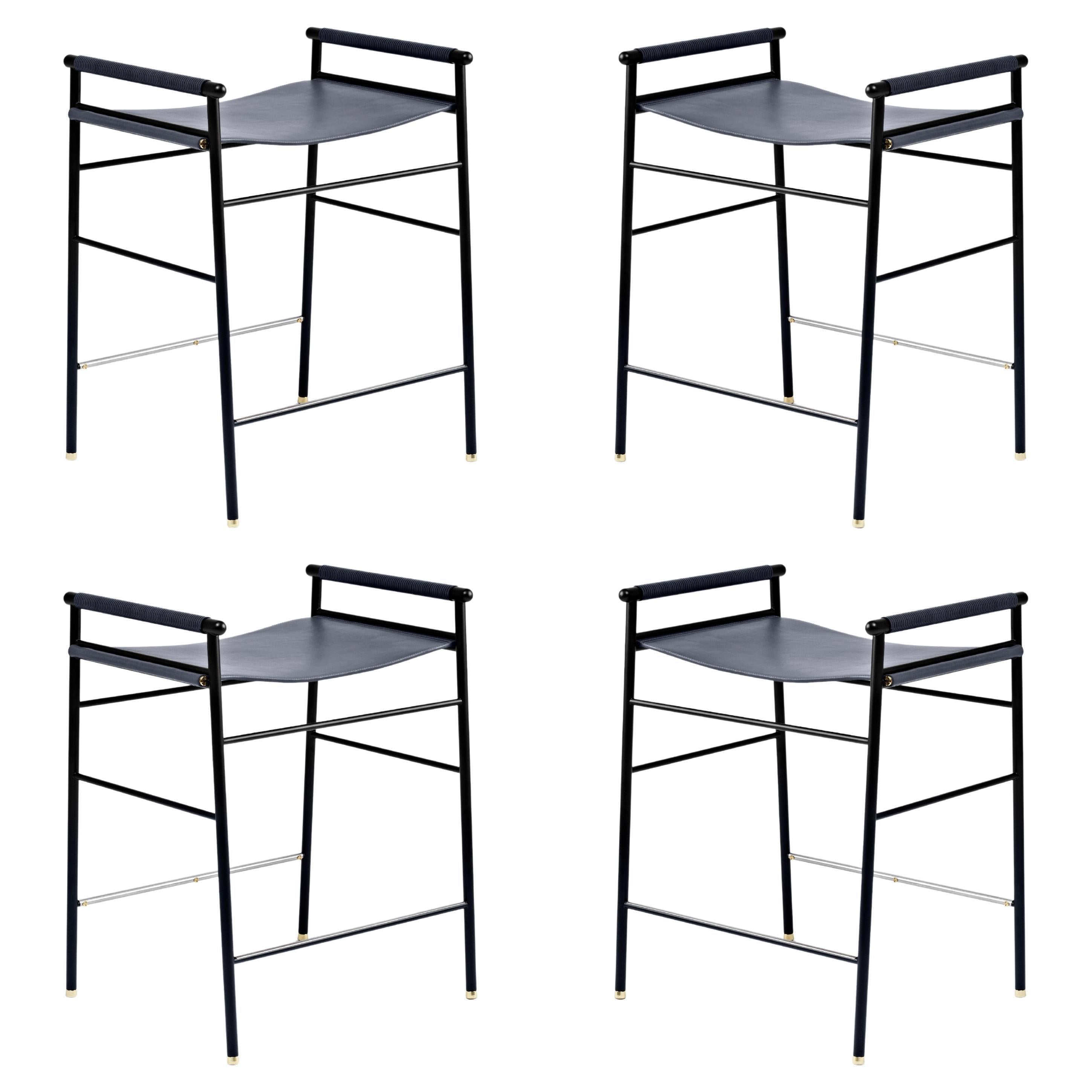 Set of 4 Contemporary Counter Bar Stool Navy Blue Leather & Black Rubber Frame For Sale