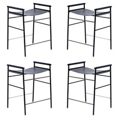 Set of 4 Contemporary Counter Bar Stool Navy Blue Leather & Black Rubber Frame