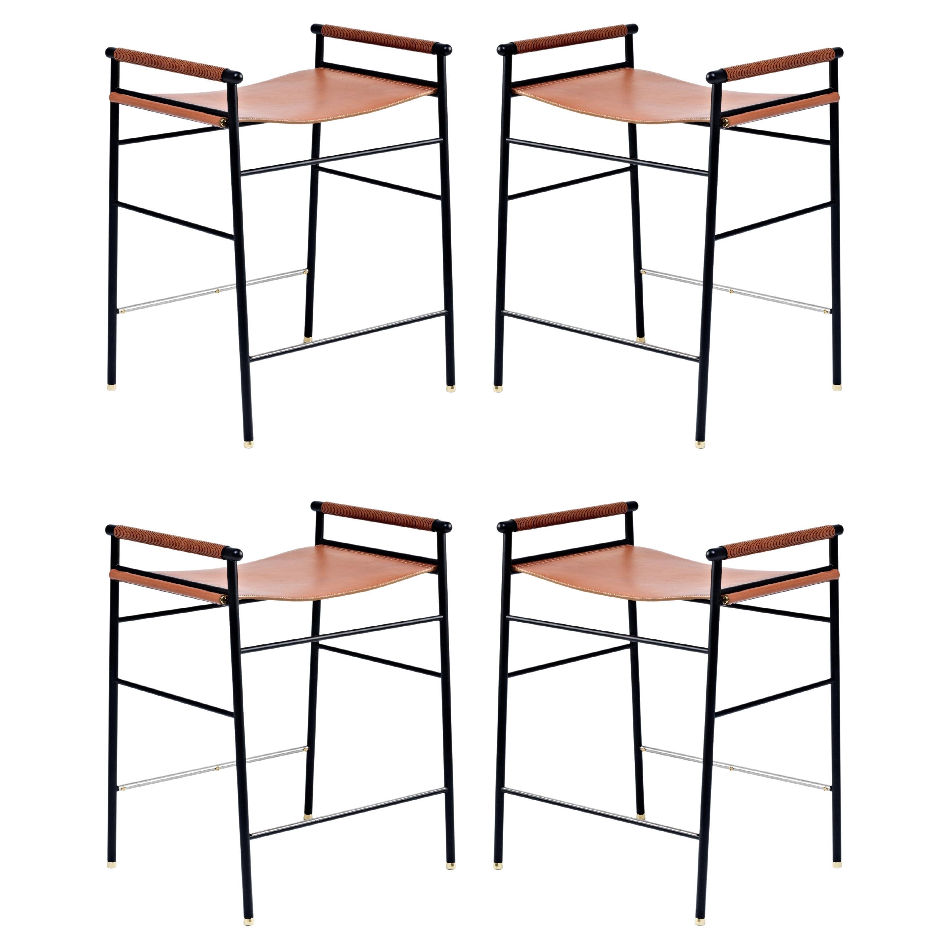 Set of 4 Contemporary Counter Bar Stool Natural Tan Leather Black Rubber Metal 