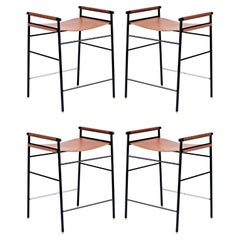 Set of 4 Contemporary Counter Bar Stool Natural Tan Leather Black Rubber Metal 