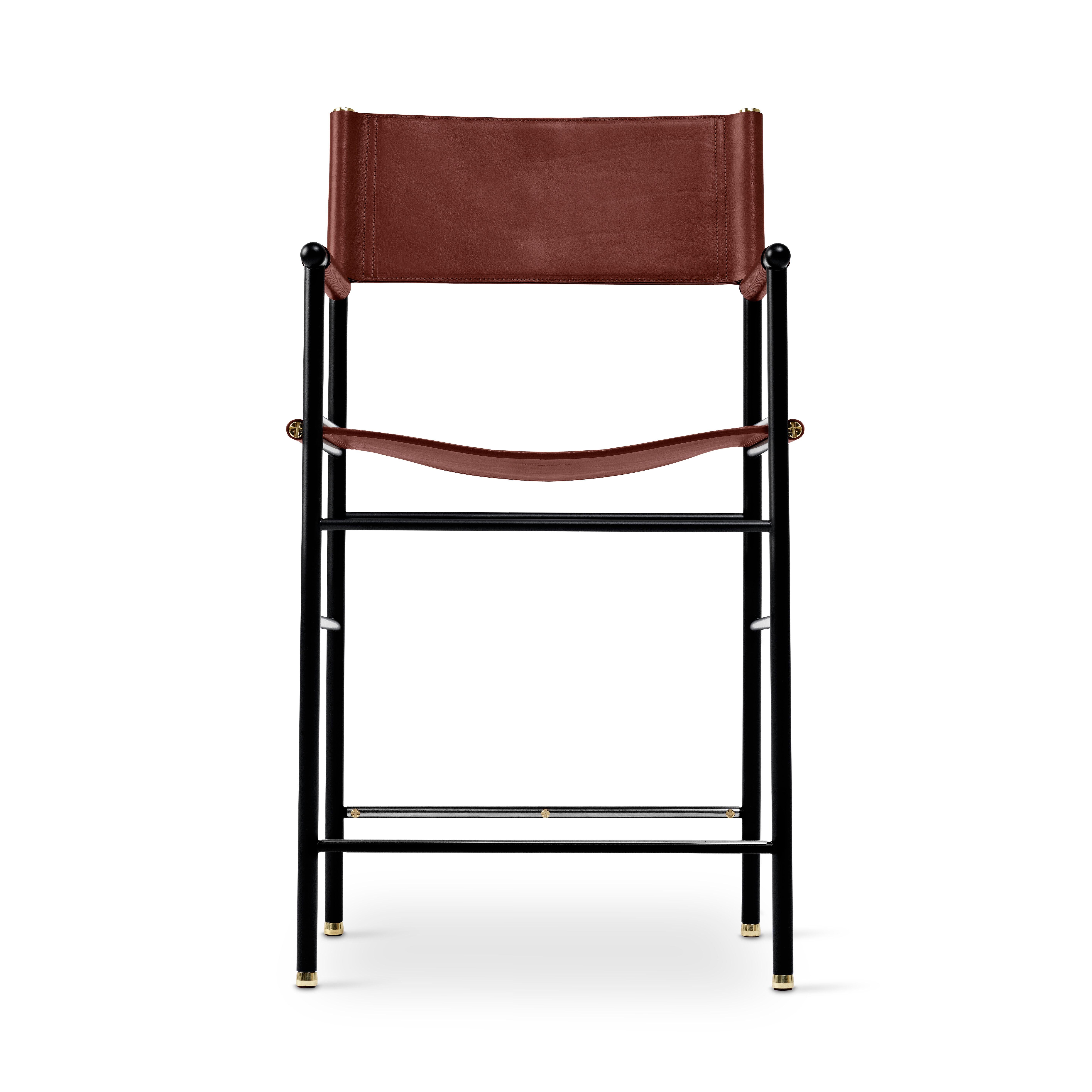 Modern Set of 4 Classic Counter Bar Stool w Backrest Cognac Leather, Black Rubber Metal For Sale