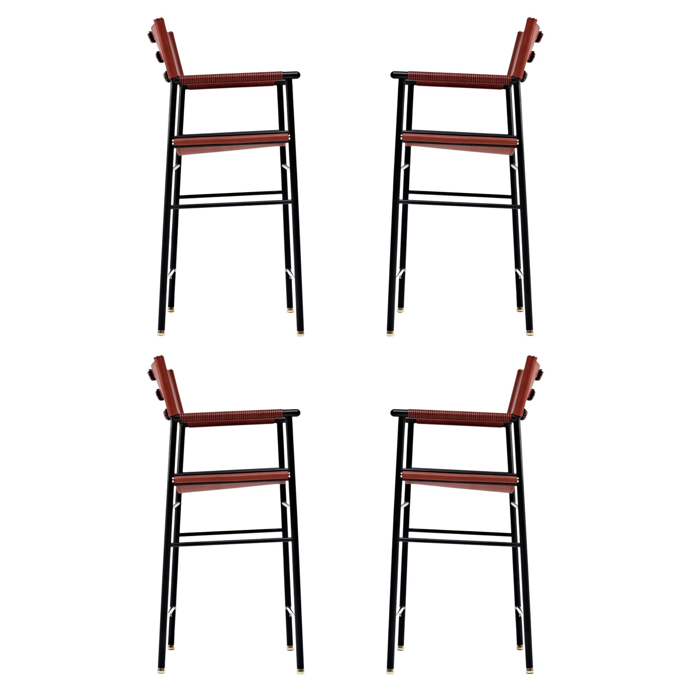 Set of 4 Classic Counter Bar Stool w Backrest Cognac Leather, Black Rubber Metal For Sale