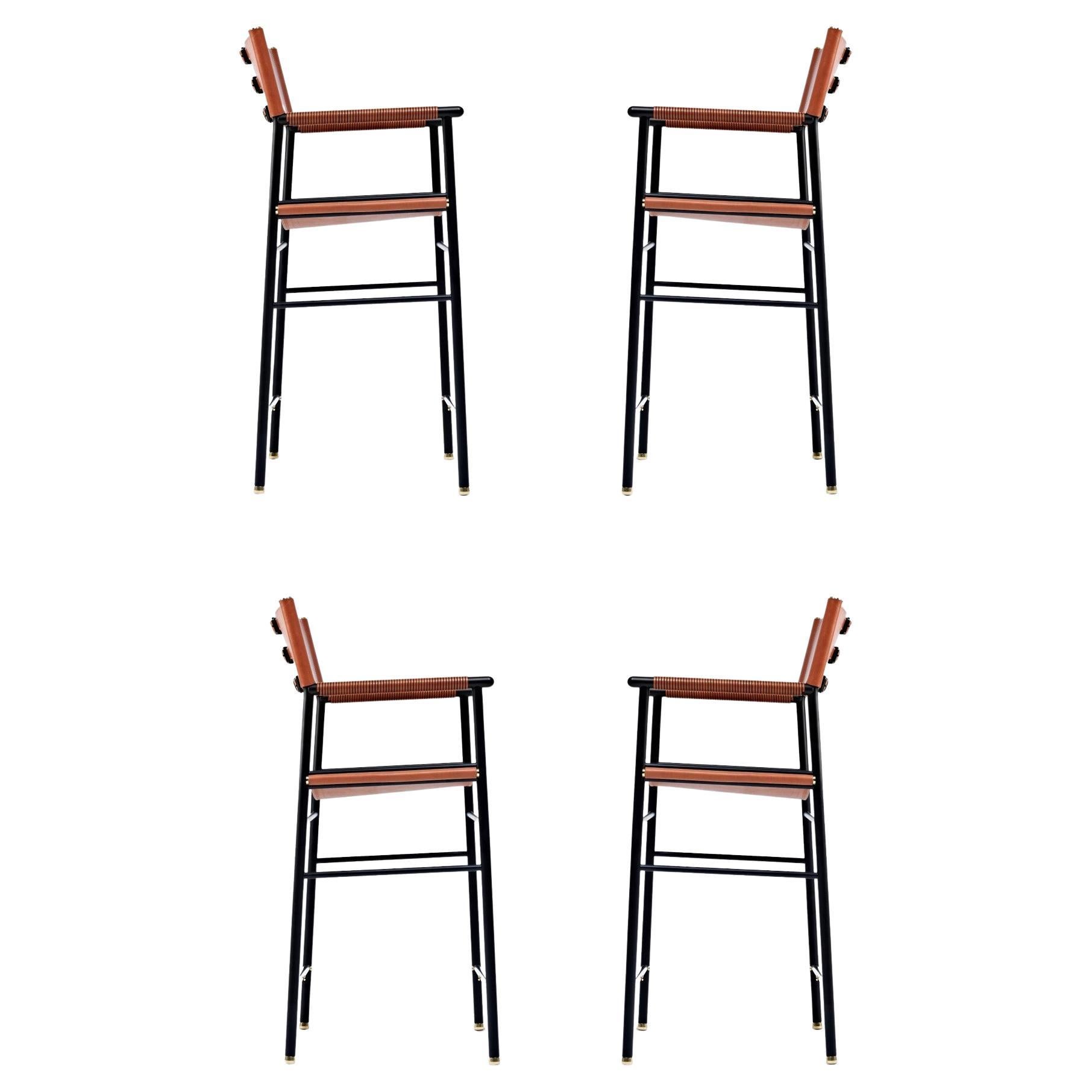 Set of 4 Counter Bar Stool w. Backrest Natural Tan Leather Black Rubber Metal