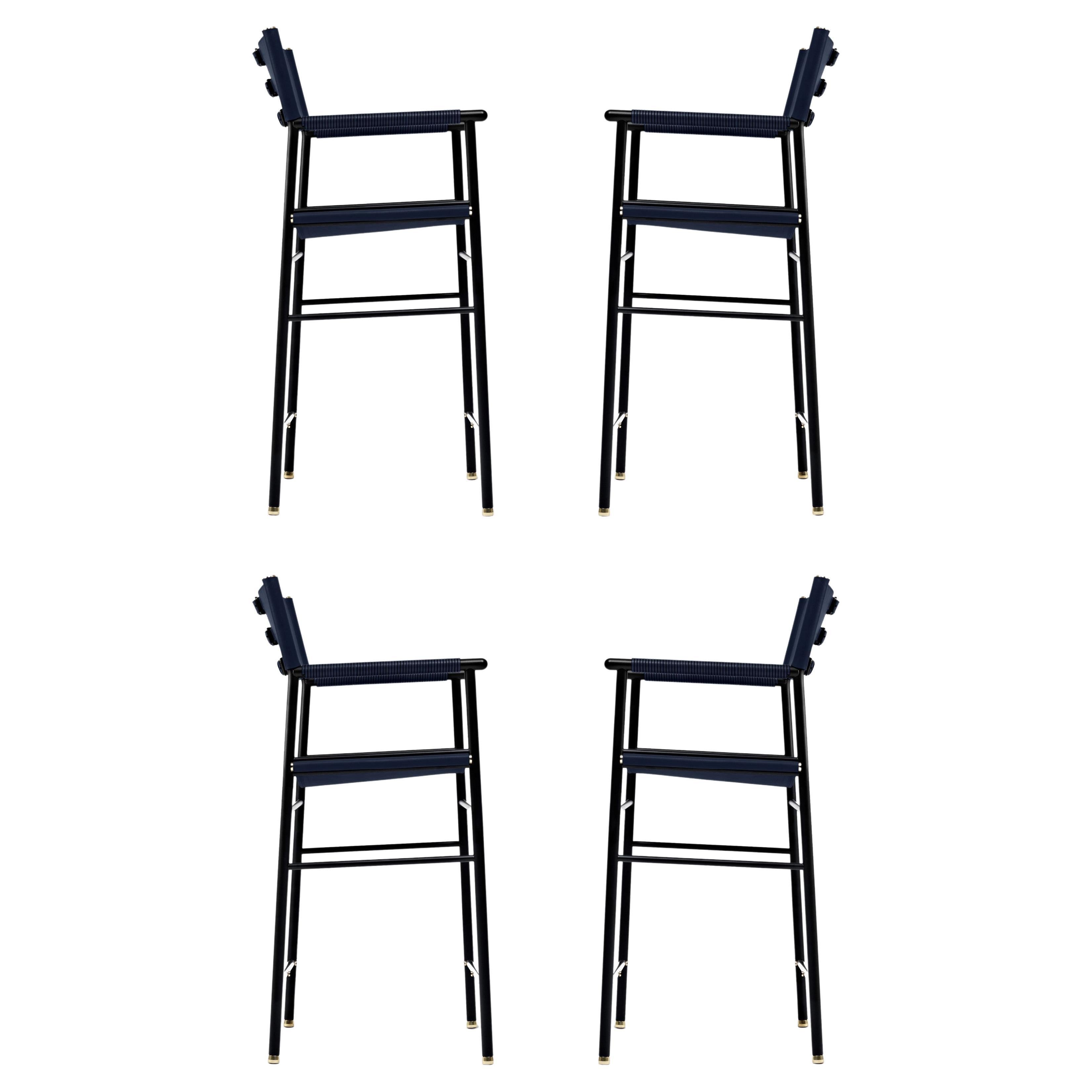 Set of 4 Classic Counter Stool w Backrest Navy Blue Leather & Black Rubber Metal