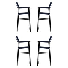 Set of 4 Classic Counter Stool w Backrest Navy Blue Leather & Black Rubber Metal
