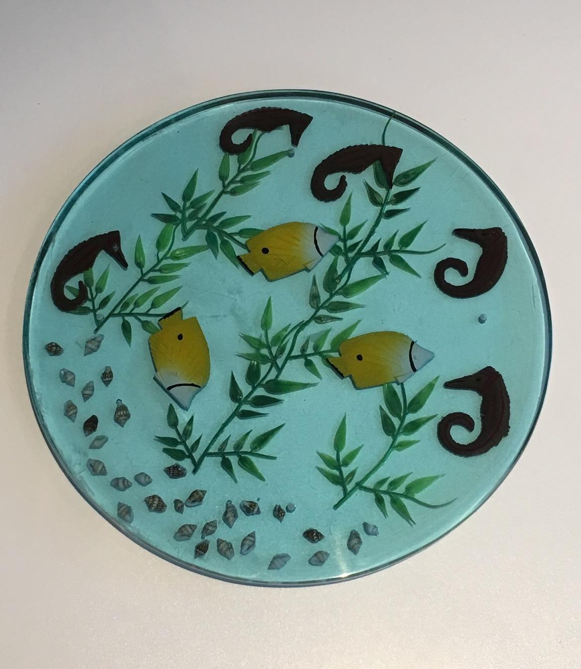 Set of 4 Resin Plates with Incrusted Seahorses, Fishes, Algues and Shells For Sale 3