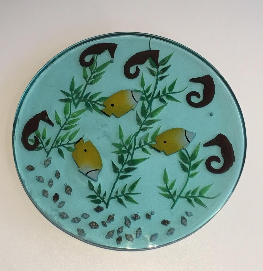 French Set of 4 Resin Plates with Incrusted Seahorses, Fishes, Algues and Shells For Sale