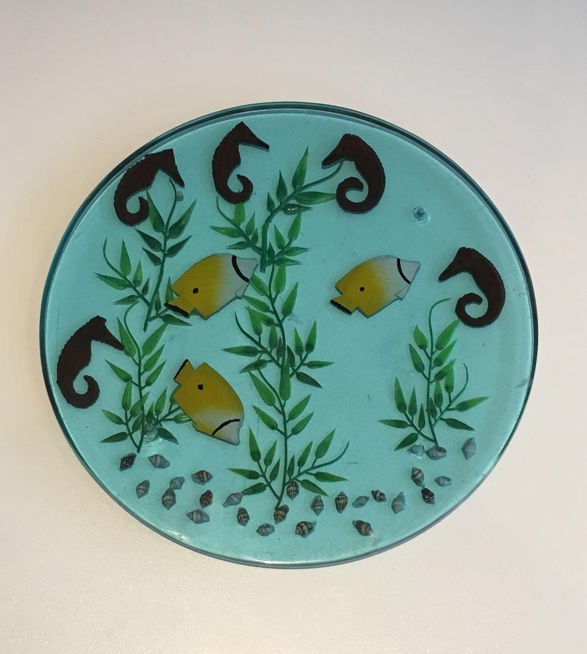 Late 20th Century Set of 4 Resin Plates with Incrusted Seahorses, Fishes, Algues and Shells For Sale
