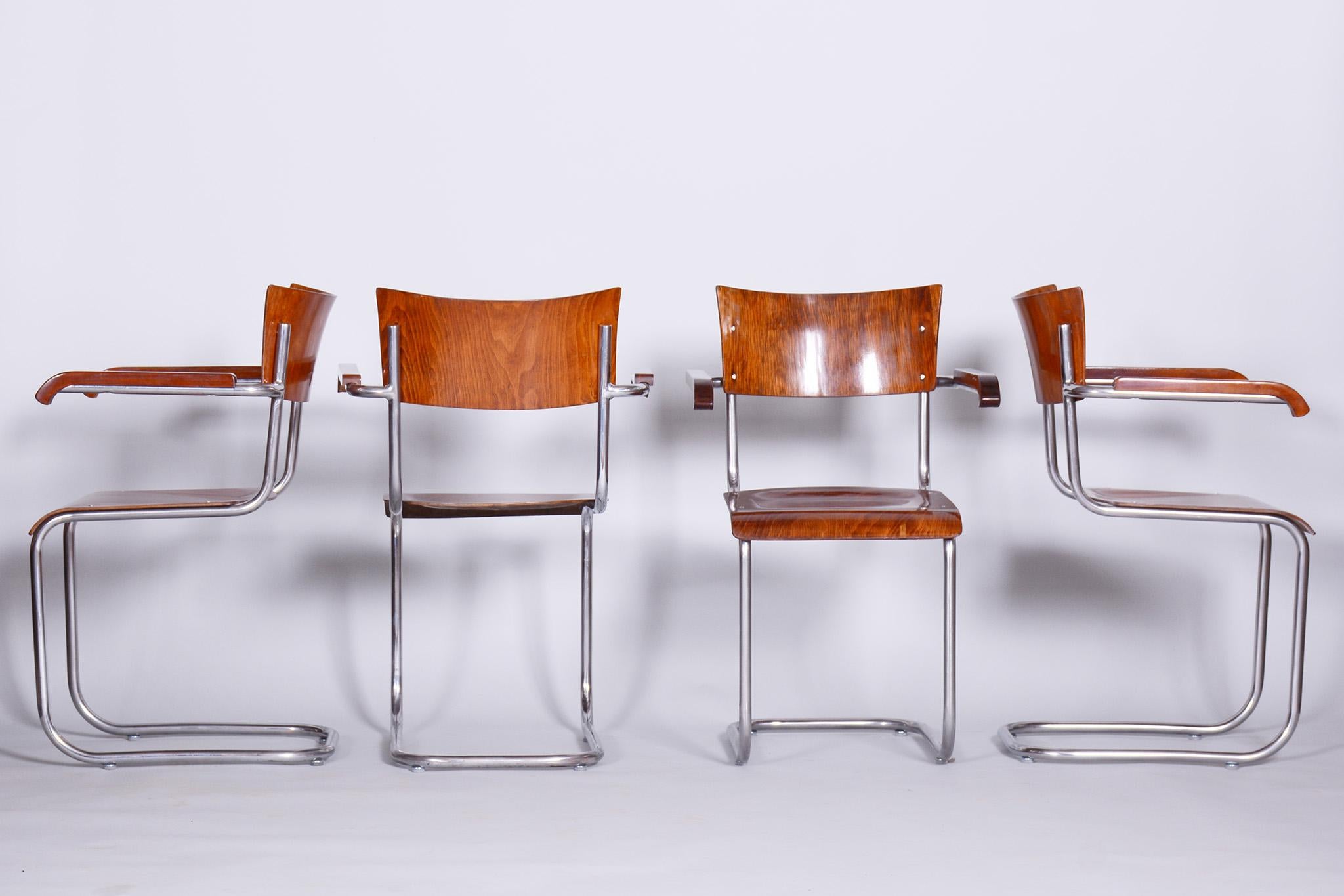 Ensemble de 4 fauteuils Bauhaus en hêtre restaurés conçus par Mart Stam, années 1930, Tchèque Bon état - En vente à Horomerice, CZ