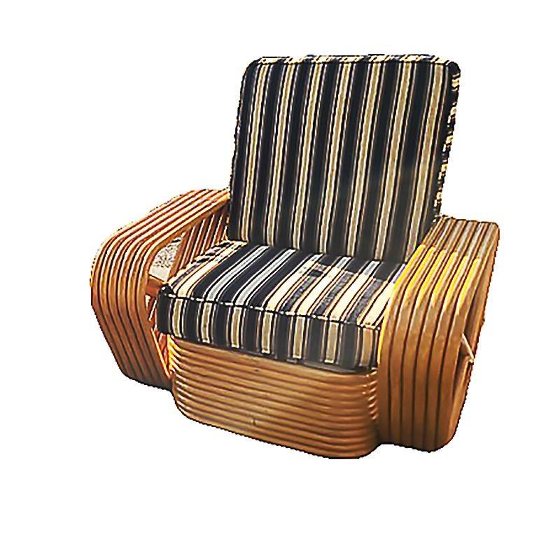 Set of 4 six-strand rattan lounge chairs designed in the manner of Paul Frank features square pretzel arms and the classic stacked rattan base. 

We only purchase and sell only the best and finest rattan furniture made by the best and most