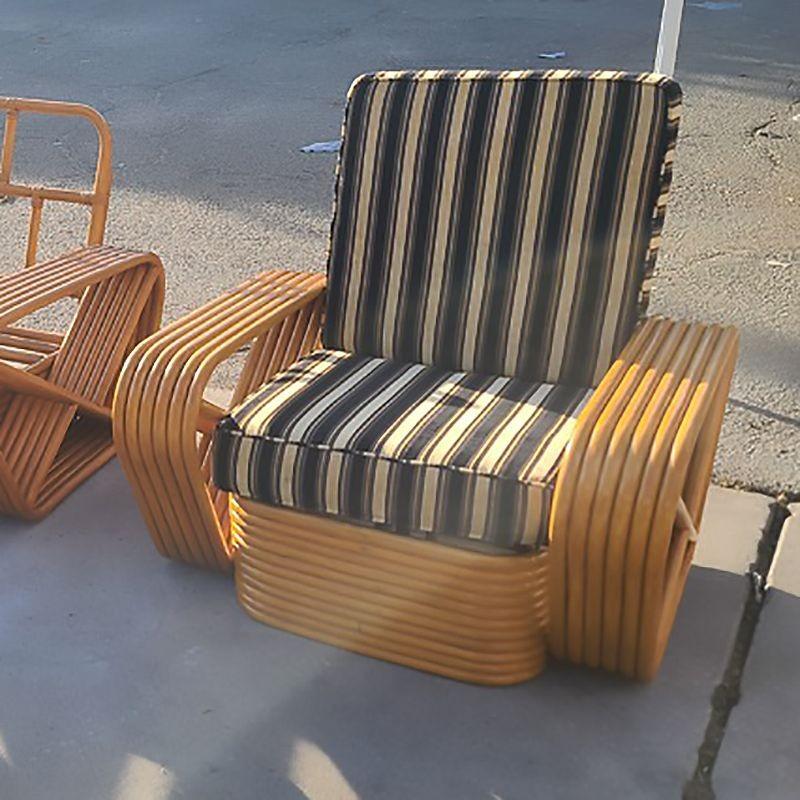 American Set of 4, Restored Six-Strand Square Pretzel Rattan Lounge Chair