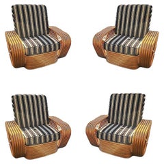 Set of 4, Restored Six-Strand Square Pretzel Rattan Lounge Chair