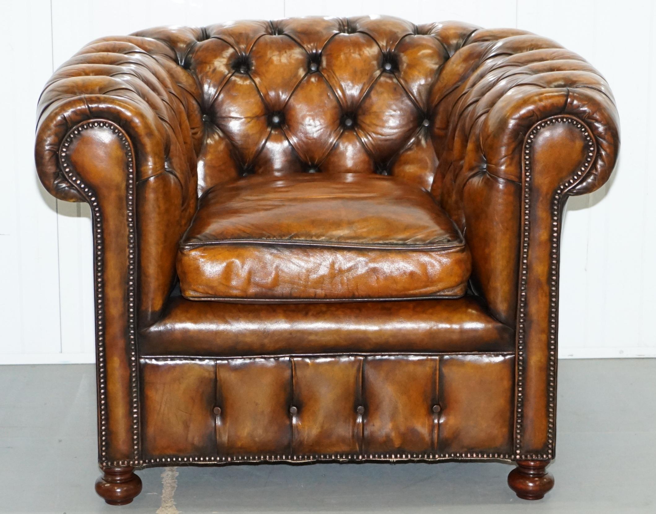 Set of 4 Restored Victorian Chesterfield Club Armchairs Hand Dyed Brown Leather 5