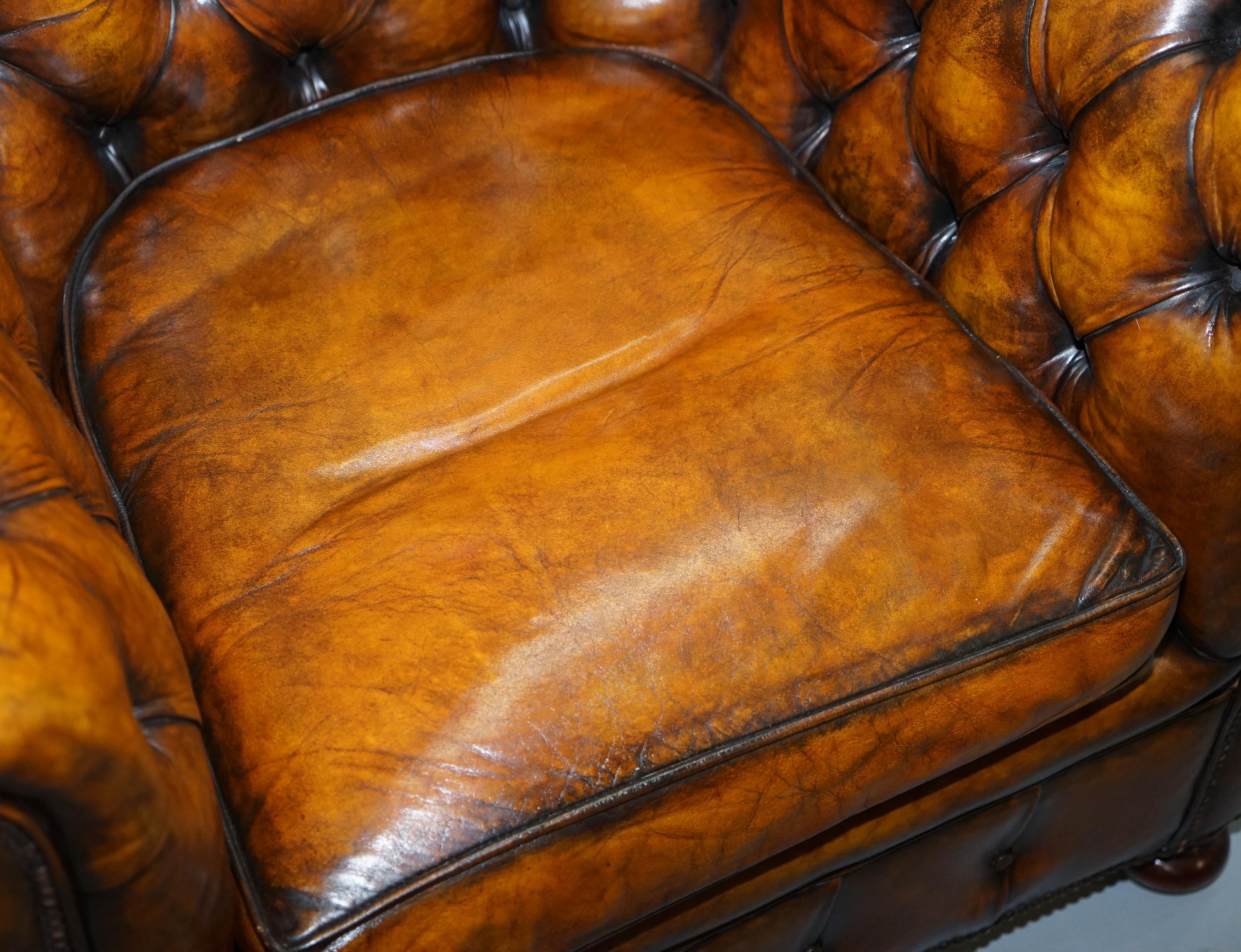 Set of 4 Restored Victorian Chesterfield Club Armchairs Hand Dyed Brown Leather 7