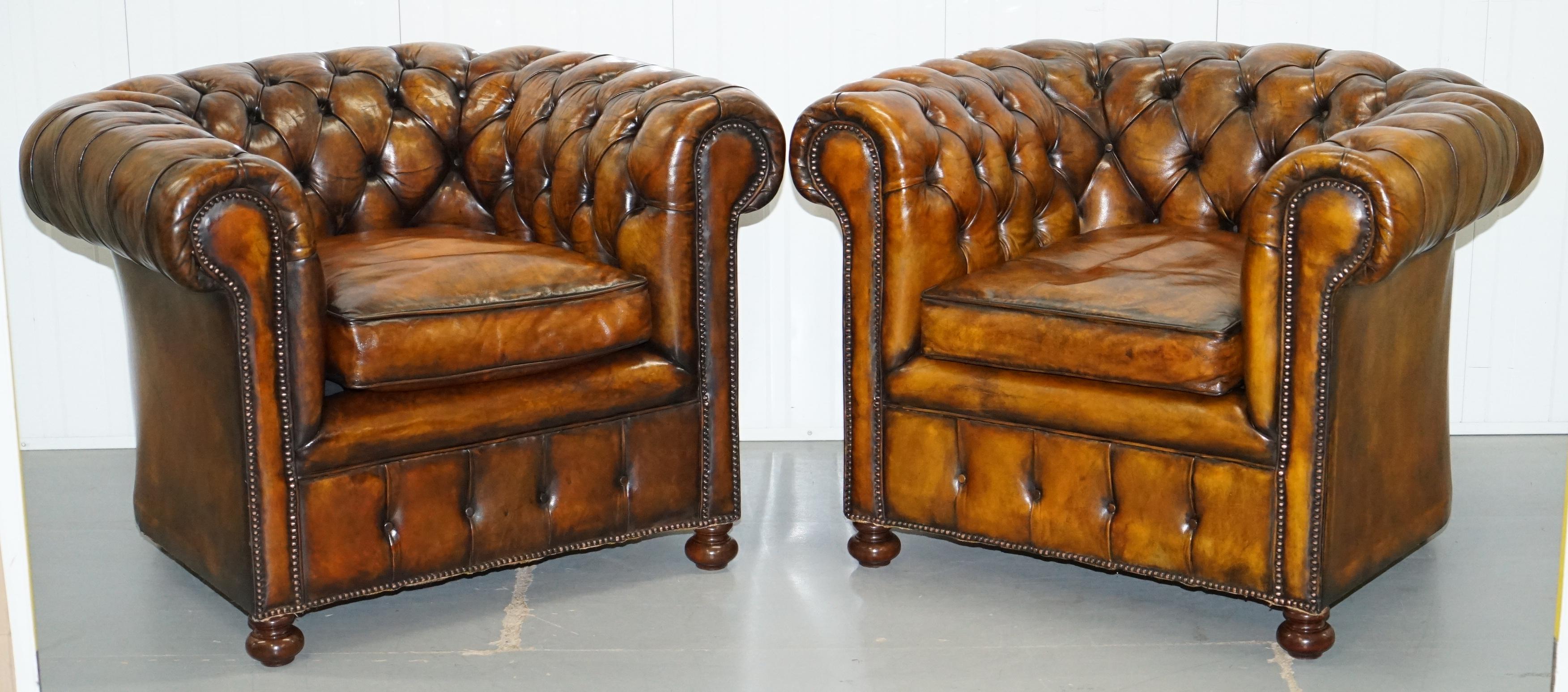 Set of 4 Restored Victorian Chesterfield Club Armchairs Hand Dyed Brown Leather 9