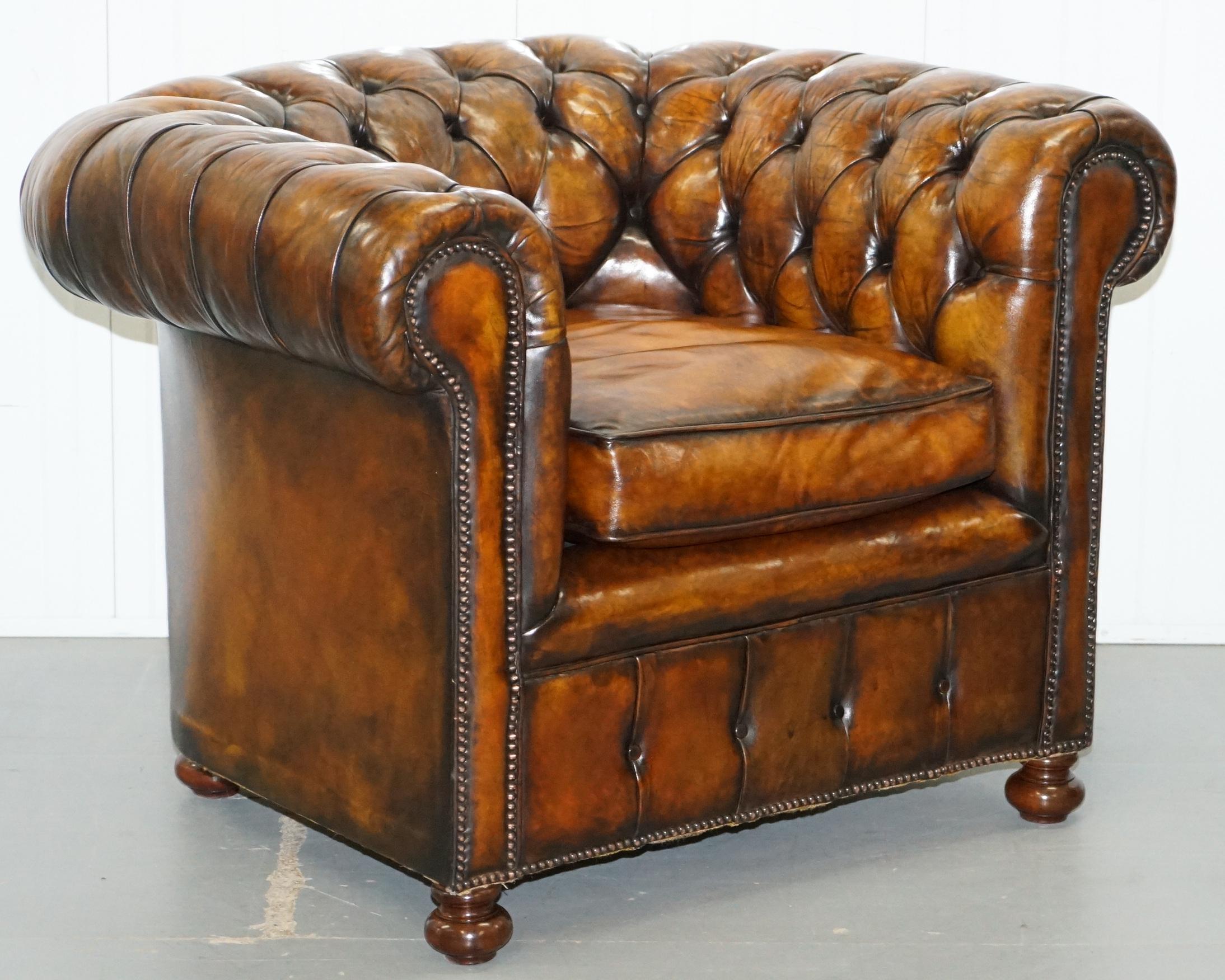 Set of 4 Restored Victorian Chesterfield Club Armchairs Hand Dyed Brown Leather 10