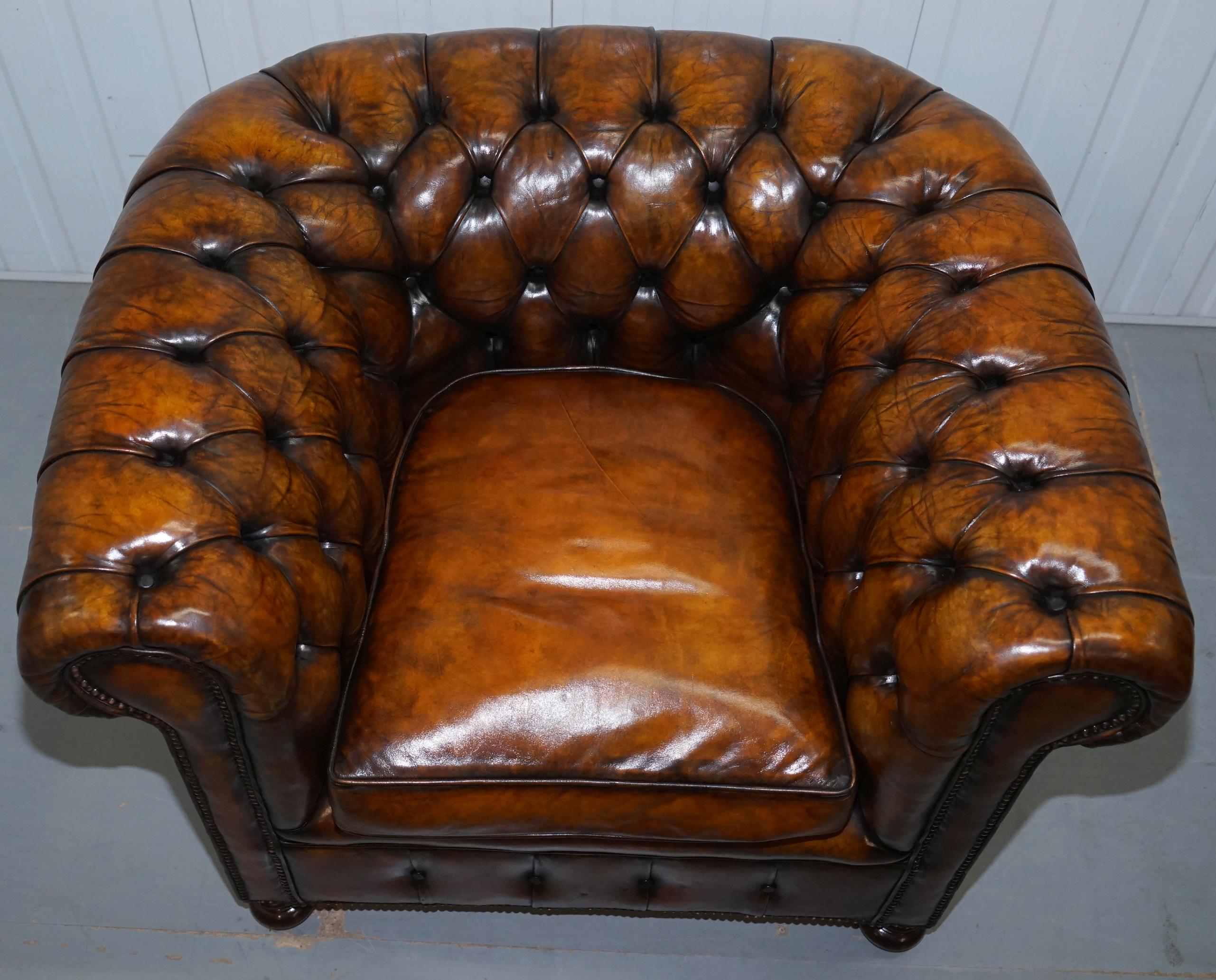 Set of 4 Restored Victorian Chesterfield Club Armchairs Hand Dyed Brown Leather 11