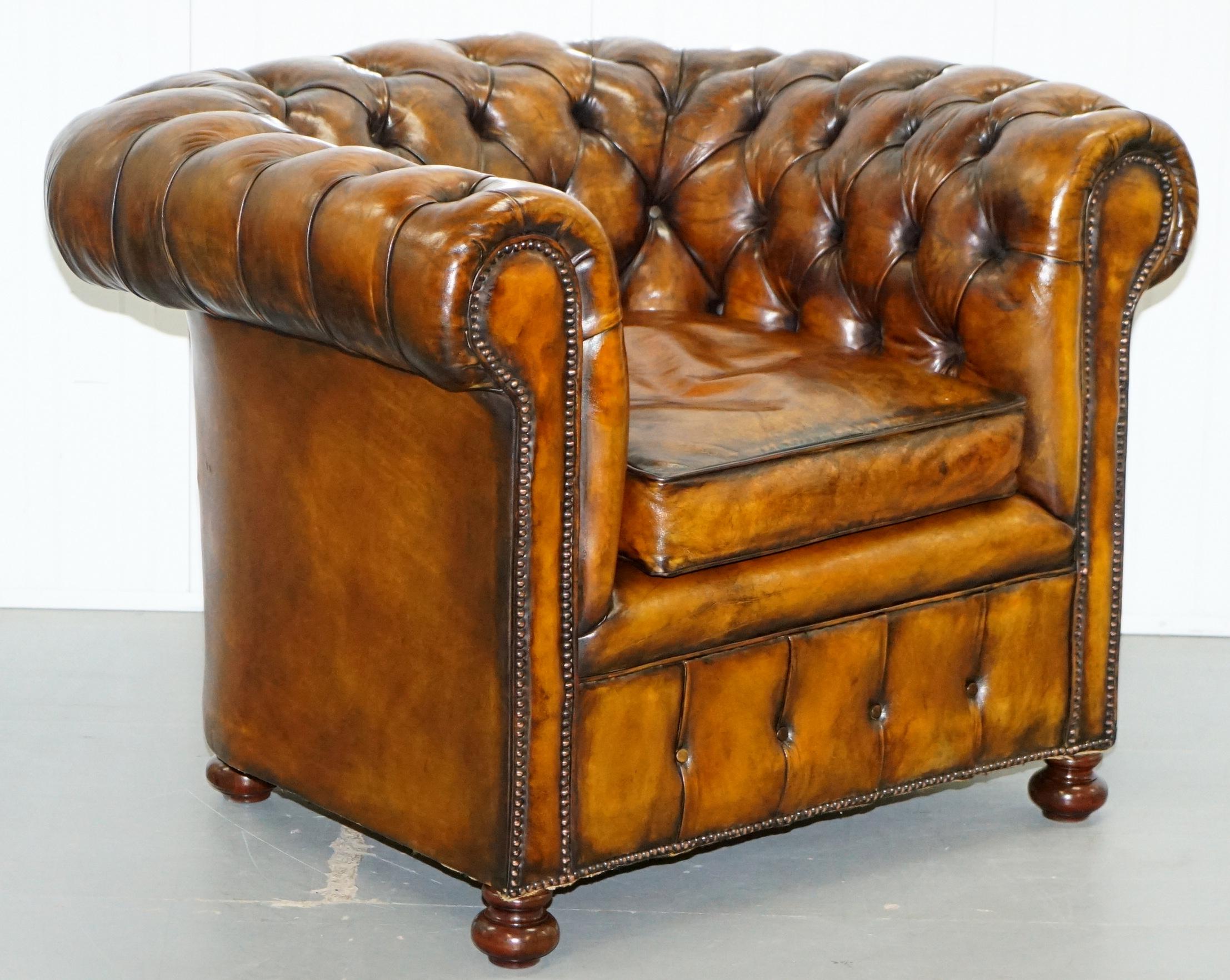 Set of 4 Restored Victorian Chesterfield Club Armchairs Hand Dyed Brown Leather 13