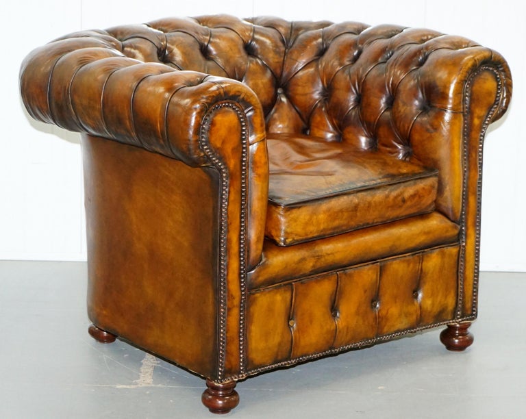 Set of 4 Restored Victorian Chesterfield Club Armchairs Hand Dyed Brown