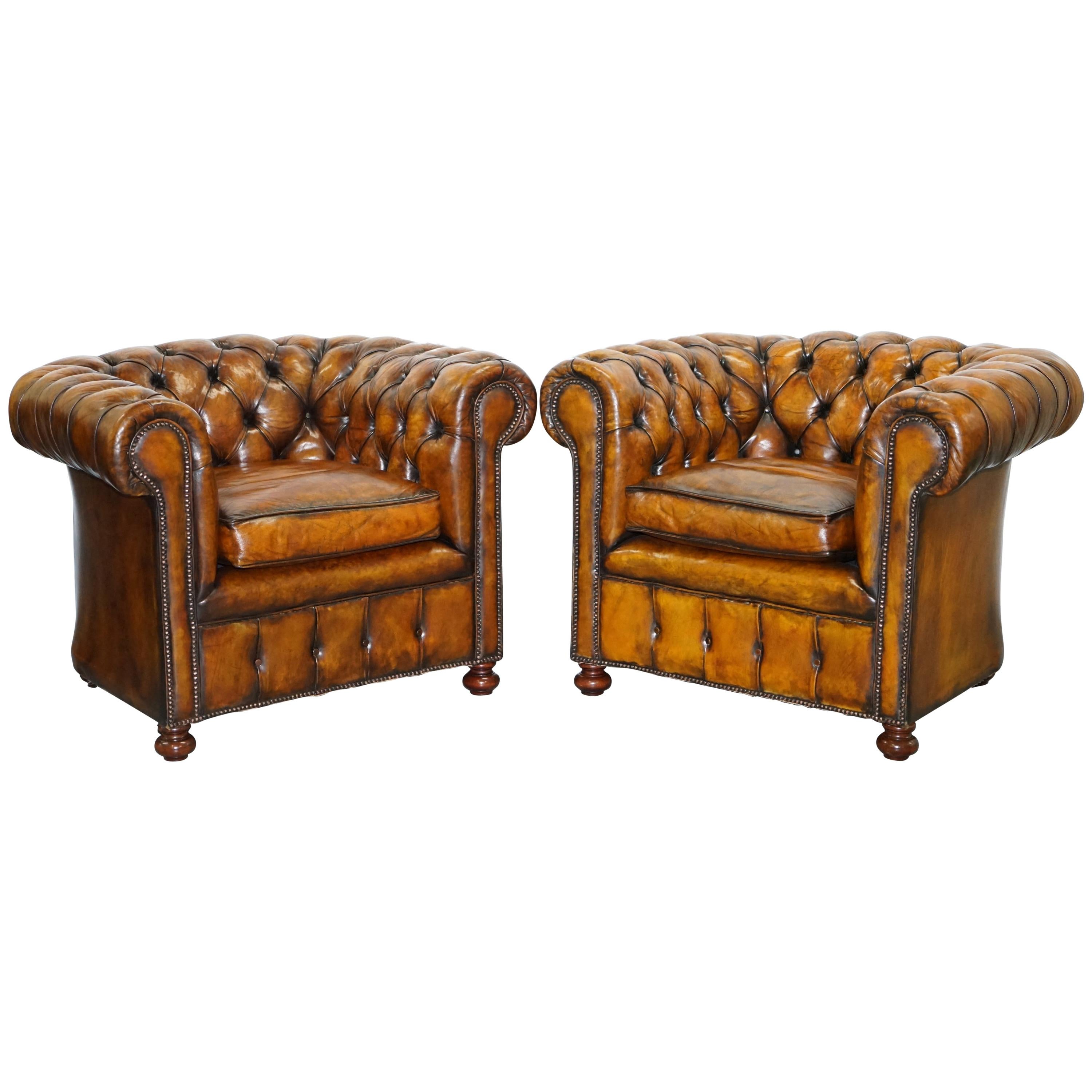 We are delighted to offer for sale this stunning set of very rare original handmade in England fully restored Victorian Gentleman’s club armchairs

Where to begin, these are the piece de résistance of club armchairs, it's very rare to find a set