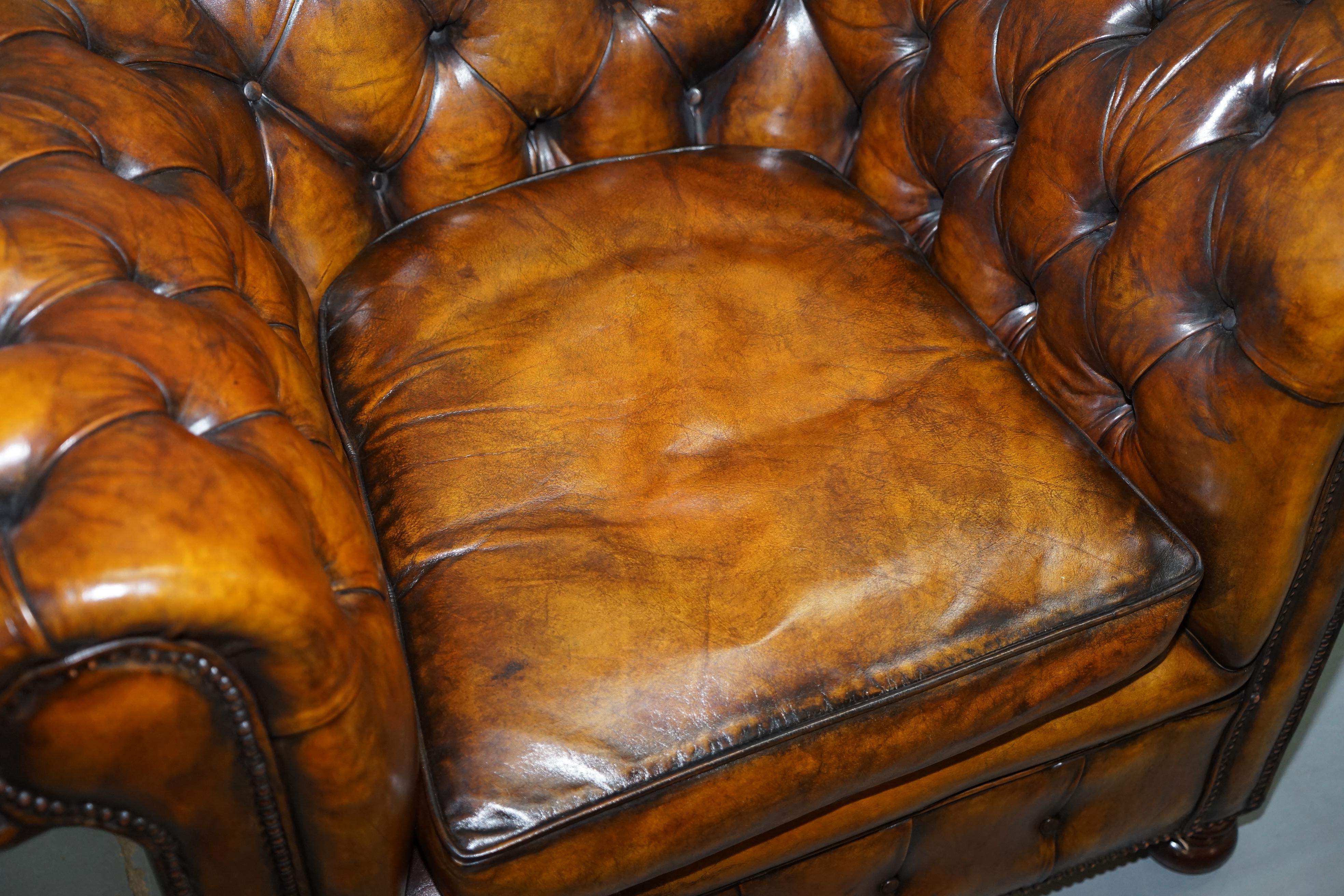 Set of 4 Restored Victorian Chesterfield Club Armchairs Hand Dyed Brown Leather 15