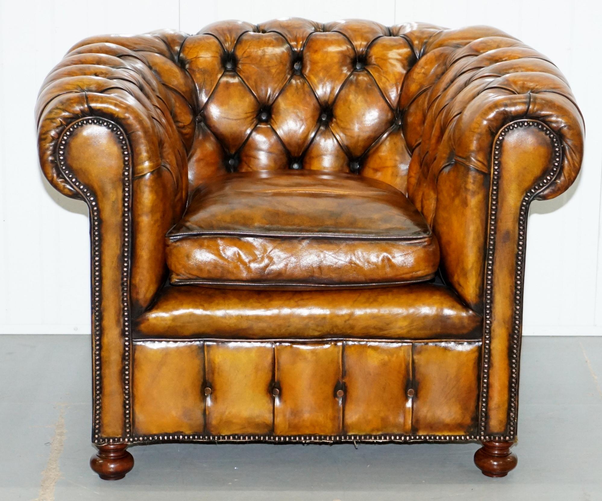 Hand-Crafted Set of 4 Restored Victorian Chesterfield Club Armchairs Hand Dyed Brown Leather