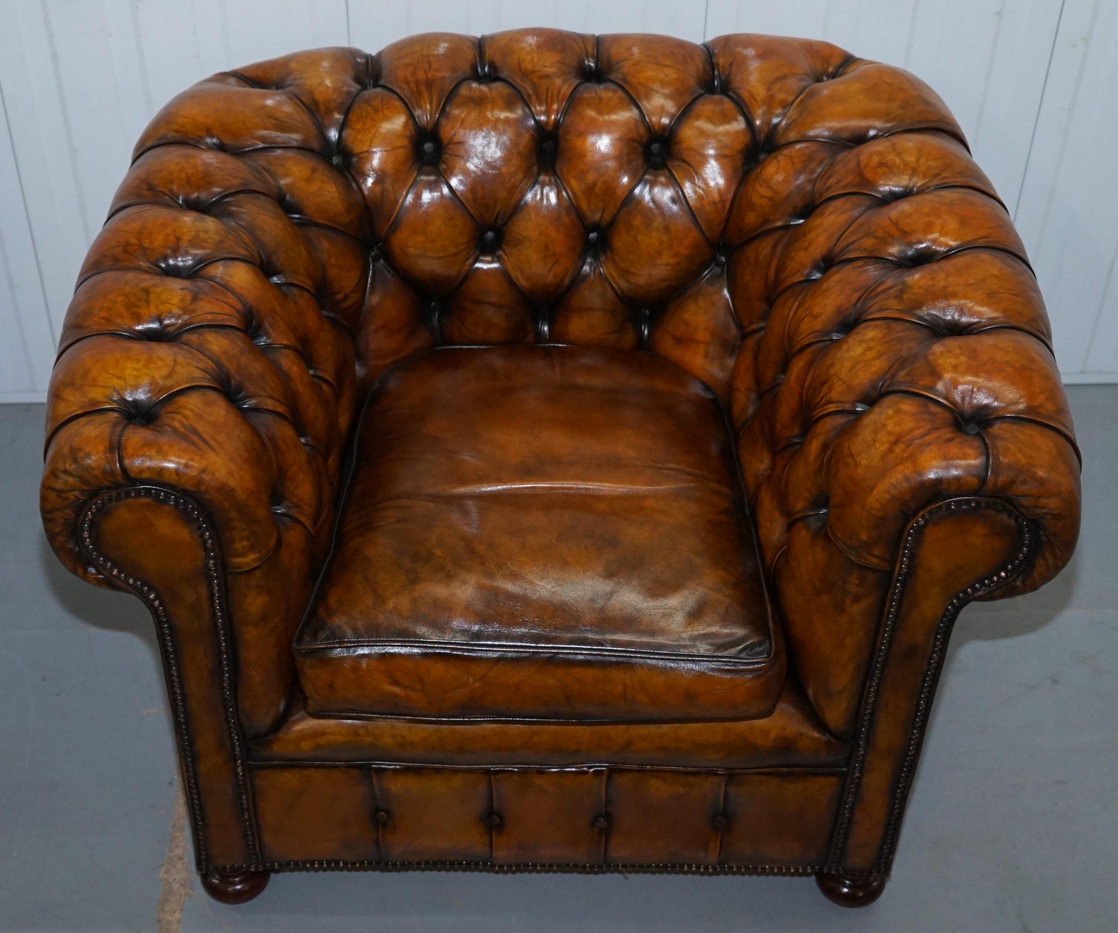 19th Century Set of 4 Restored Victorian Chesterfield Club Armchairs Hand Dyed Brown Leather